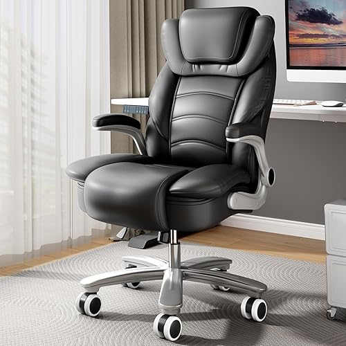 GYI Silla de oficina grande y alta, asiento ancho de 400 libras, silla ergonómica de cuero con respaldo alto y brazos abatibles, color negro