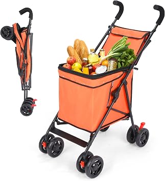 60lbs LBS Capacity Shopping Cart, Upgrade Medium Grocery Cart on Wheels,Heavy Duty Foldable Utility Shopping Carts 360 Rolling Swivel Wheels for Office Shopping Picnic Groceries Laundry Orange