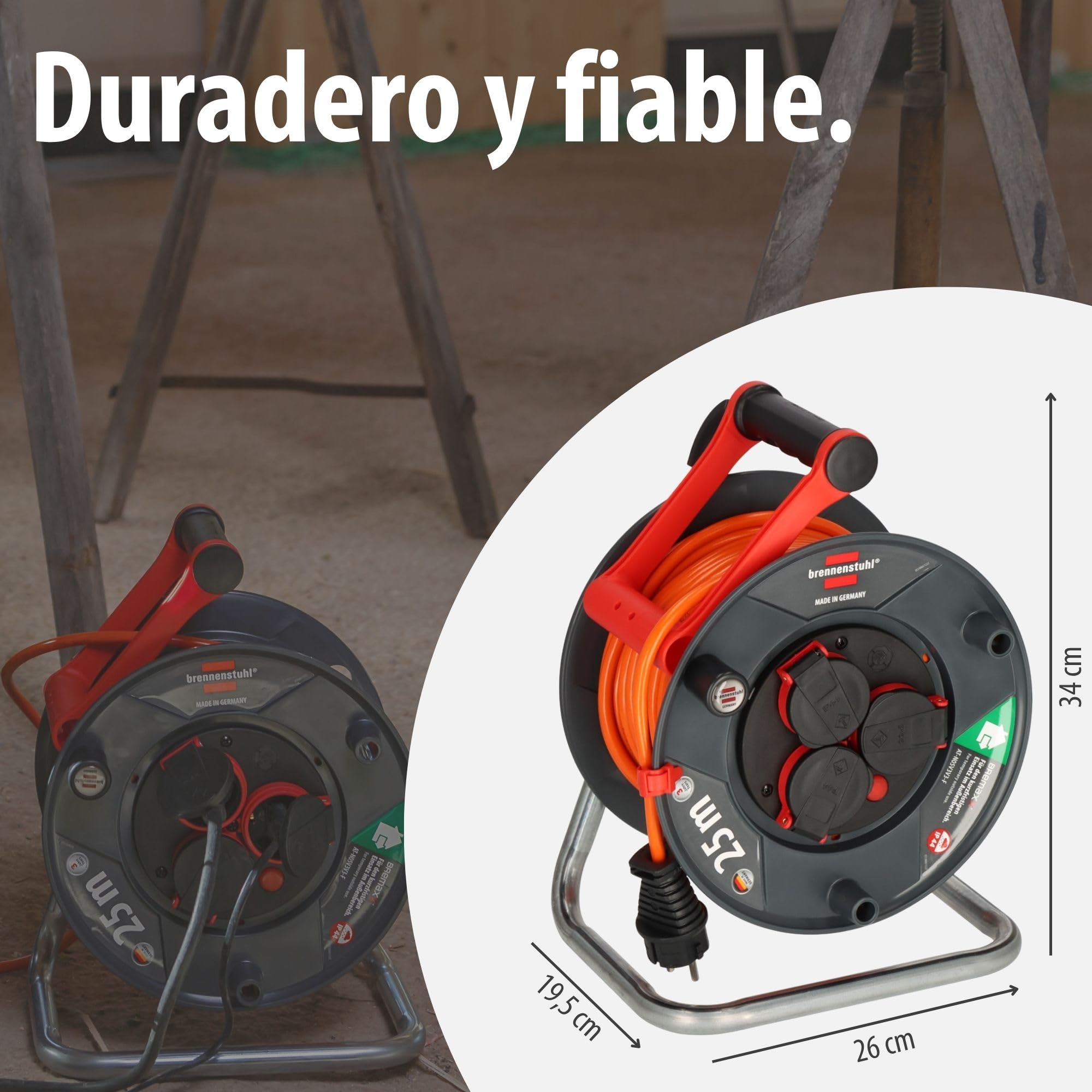 Brennenstuhl Garant V2 IP44 Enrollacables 25m exterior (Fabricado en Alemania, 3 conexión a tierra-enchufes, protección contra sobrecalentamiento, uso a corto plazo en exteriores)