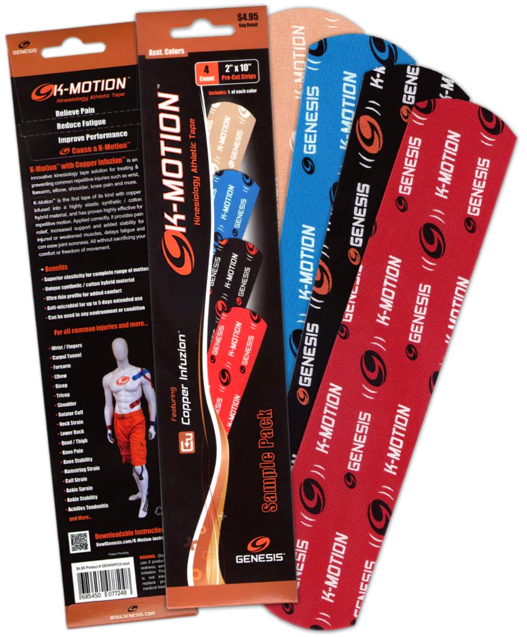 Solaravita Genesis K-Motion Athletic Tape - Precut Strips - 4 Count Sample Pack