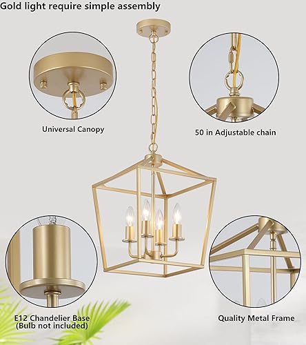 Miniatura 3 de Candelabro industrial de 4 luces, farol dorado con jaula de metal rústico, altura ajustable, luz colgante geométrica para isla de cocina, comedor,