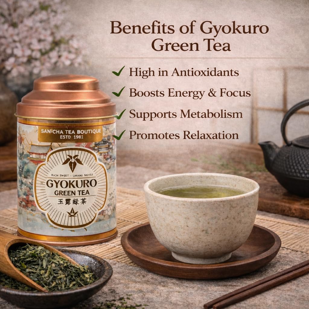 Sancha Tea Boutique, thé vert Gyokuro, thé vert japonais de haute qualité, notes umami riches et sucrées, rosée joyau et feuilles japonaises de qualité supérieure, 50 g de feuilles en vrac