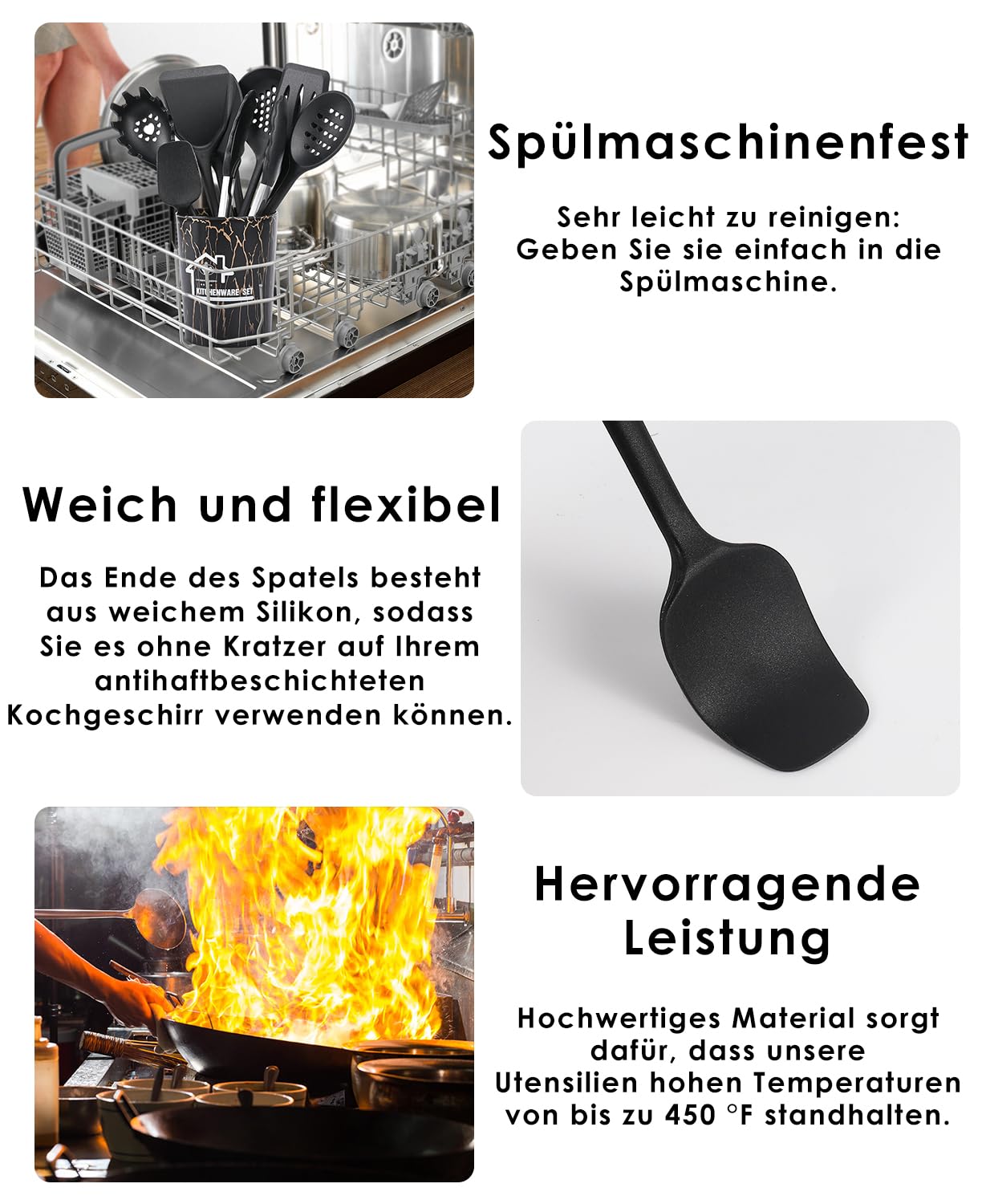 Küchenutensilien Set 43-teiliges Silikon Küchenhelfer, Hitzebeständiger Kochgeschirr mit Utensilienhalter, Antihaft Kochset, schwarz
