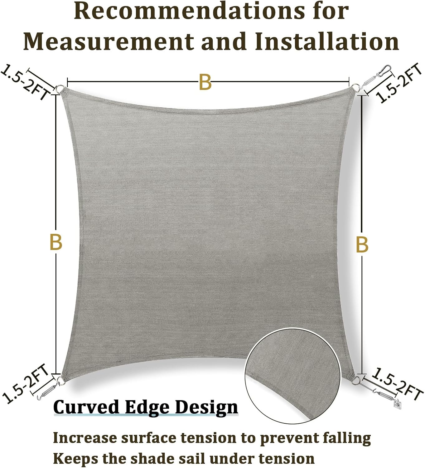 Shade&Beyond Sun Shade Sail 11'X11' Light Grey UV Blocking Outdoor Cloth for Deck, Backyard (Customized Available)