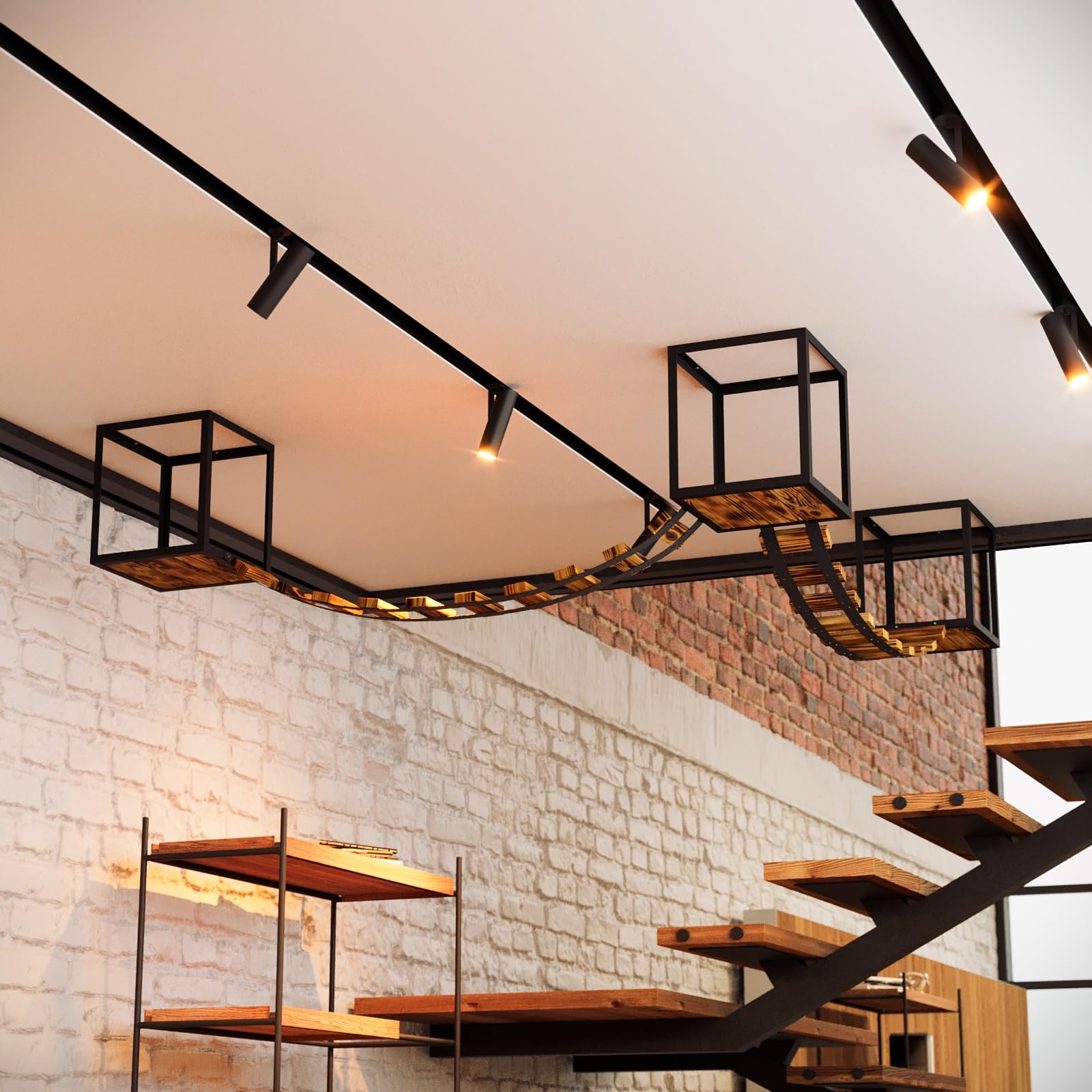 QLS Set arrampicata gatti legno/acciaio da soffitto loft | Con 2 ponti e 3 lettini per arrampicarsi, osservare e riposare, combinabile ed espandibile