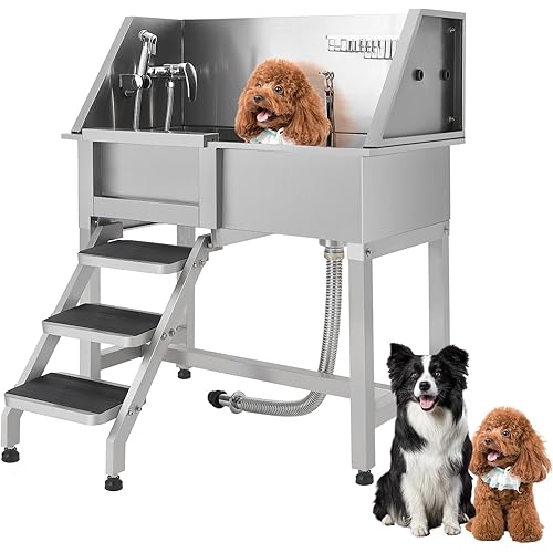 38" 304 Stainless Steel Dog Washing Station, Pet Grooming Tub with Ramp & Non-Slip Grate, Professional Dog Bath Tub for Large to Small Dogs, Includes Shower, Soap Dispenser & Faucet