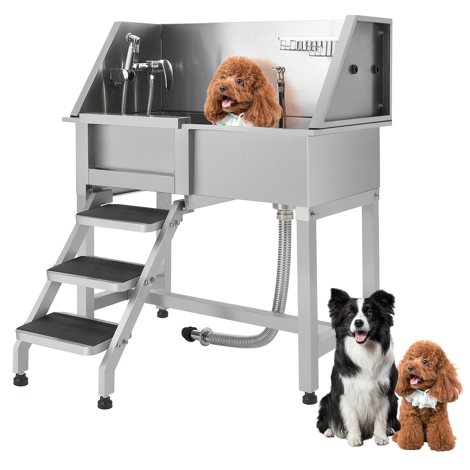 Garvee Bañera Profesional para Aseo de Perros de Acero Inoxidable, Puerta corredera Izquierda, Rejilla Antideslizante Ajustable, Escalera, Grifo y Ducha, Acabado Pulido Plateado, 86,36 x 37,8 x 98,01