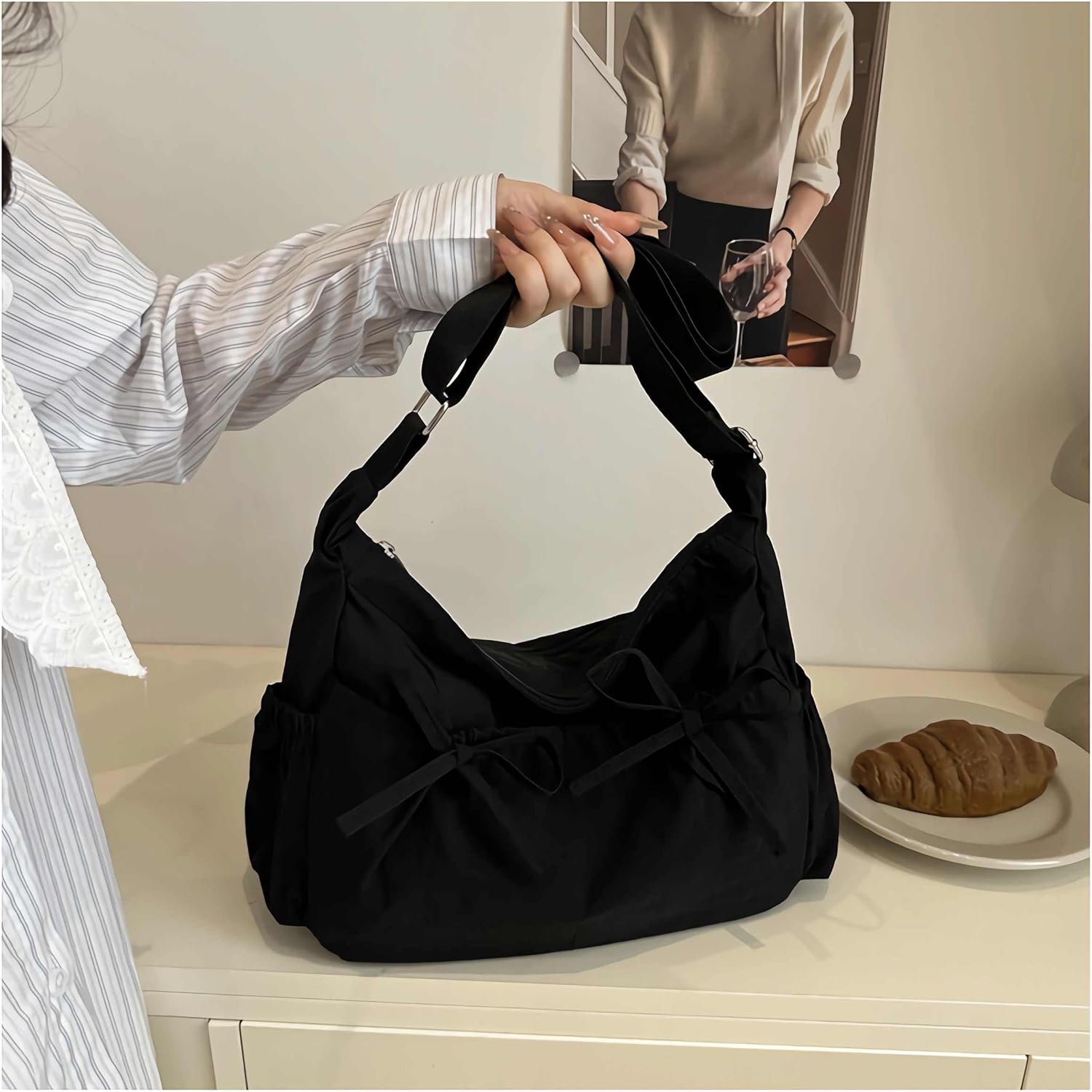 black bow coquette purse bag for women, multi pocket nylon crossbody bags, cute y2k kawaii large shoulder bag, college aesthetic trendy everyday purse - Image 4
