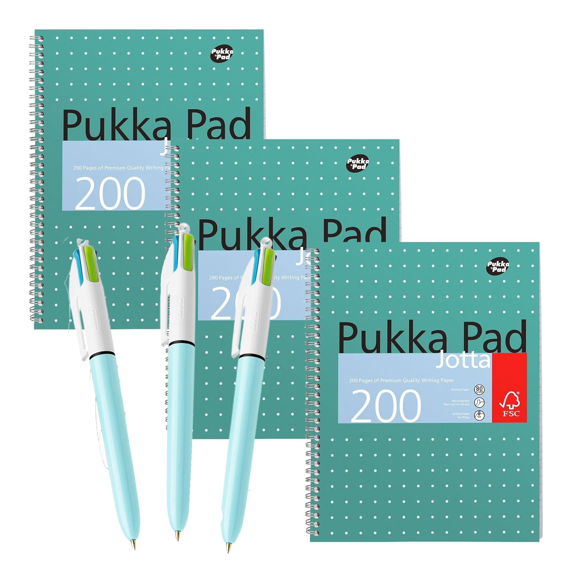 BIC 4 Colour Fun Pen Pack of 3 with Fun Colour Barrel & Pukka Pad A4 Metallic Jotta 3 Pack Wirebound Notebook 8mm Lines 80GSM Paper for Students and Creative Projects — image 1