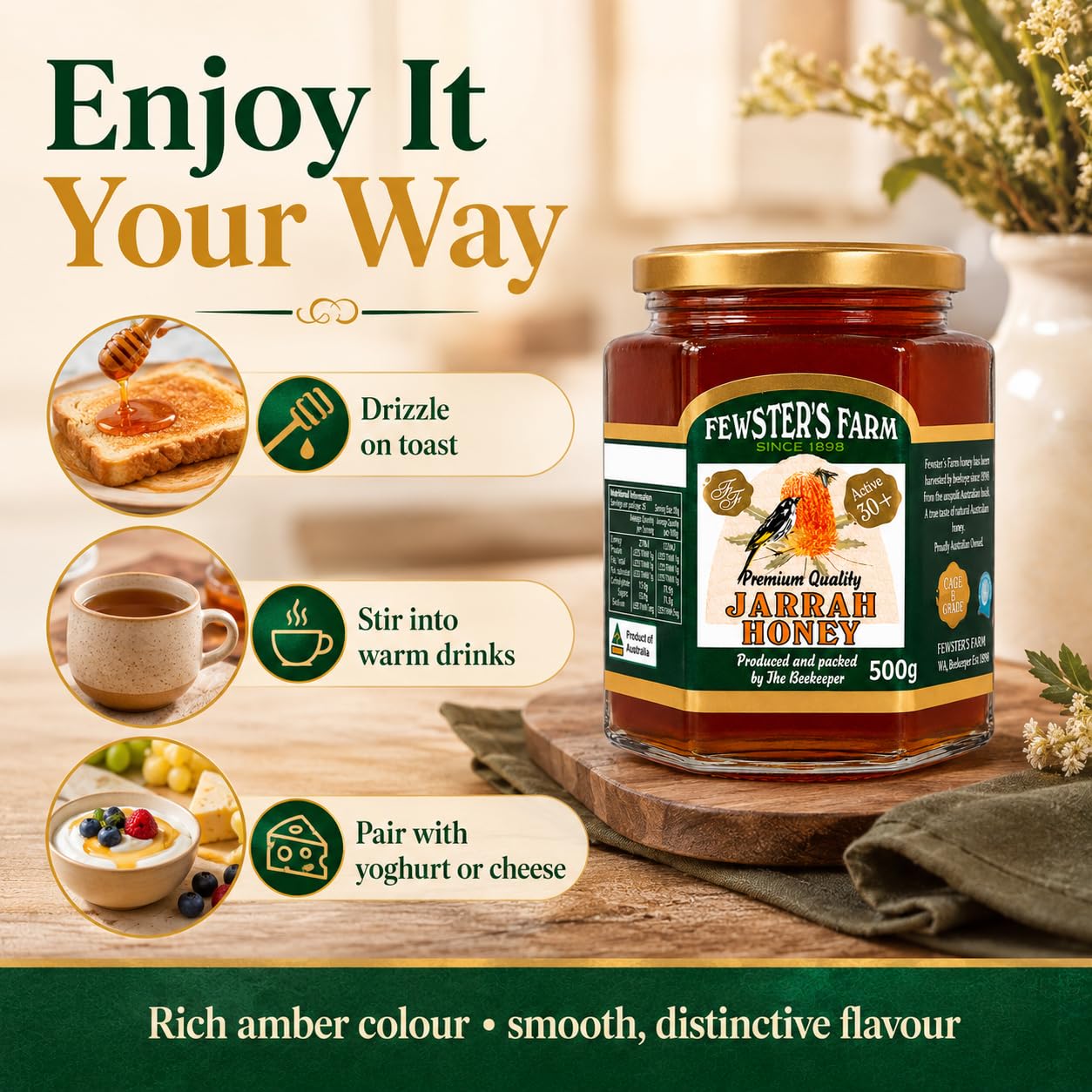Fewster's Farm TA 30+ Jarrah Honig 500 g – Jarrah-Honig ist Nektar, der von Bienen aus den Blüten des Jarrah-Baums gesammelt wird.