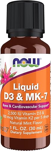 NOW Foods Suplementos, líquido D-3 y MK-7 con 2,500 UI de vitamina D-3 y 100 mcg de vitamina K-2 por 5 gotas, 1 onza