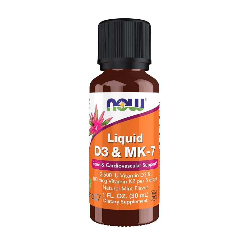 NOW Suplemento líquido de vitamina D3 e MK-7, 2.500 UI + 100 mcg, 30 mL