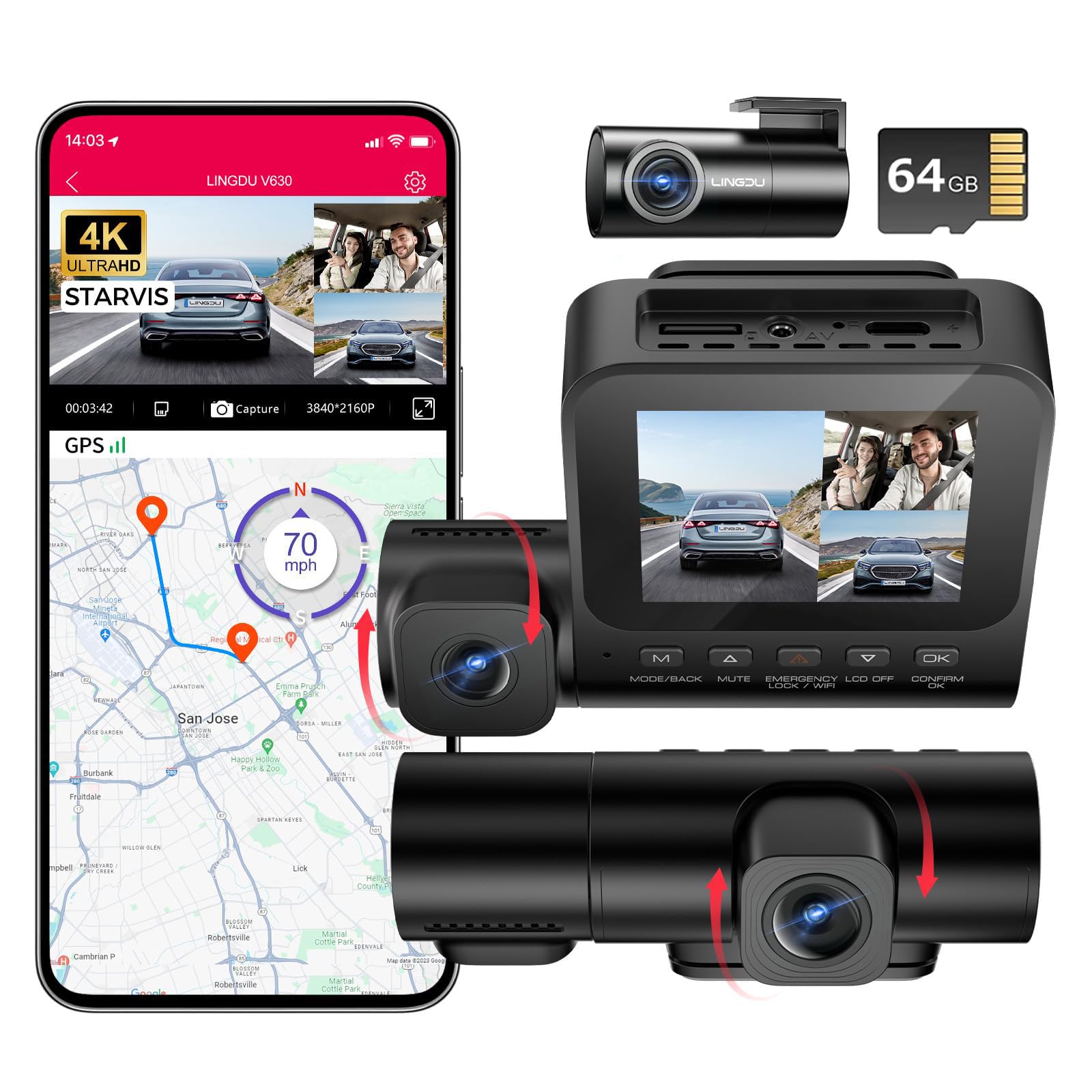 Dash Cam 3 Canali 4K + 1080P + 1080P – Con WiFi, GPS E Scheda SD Da 64GB