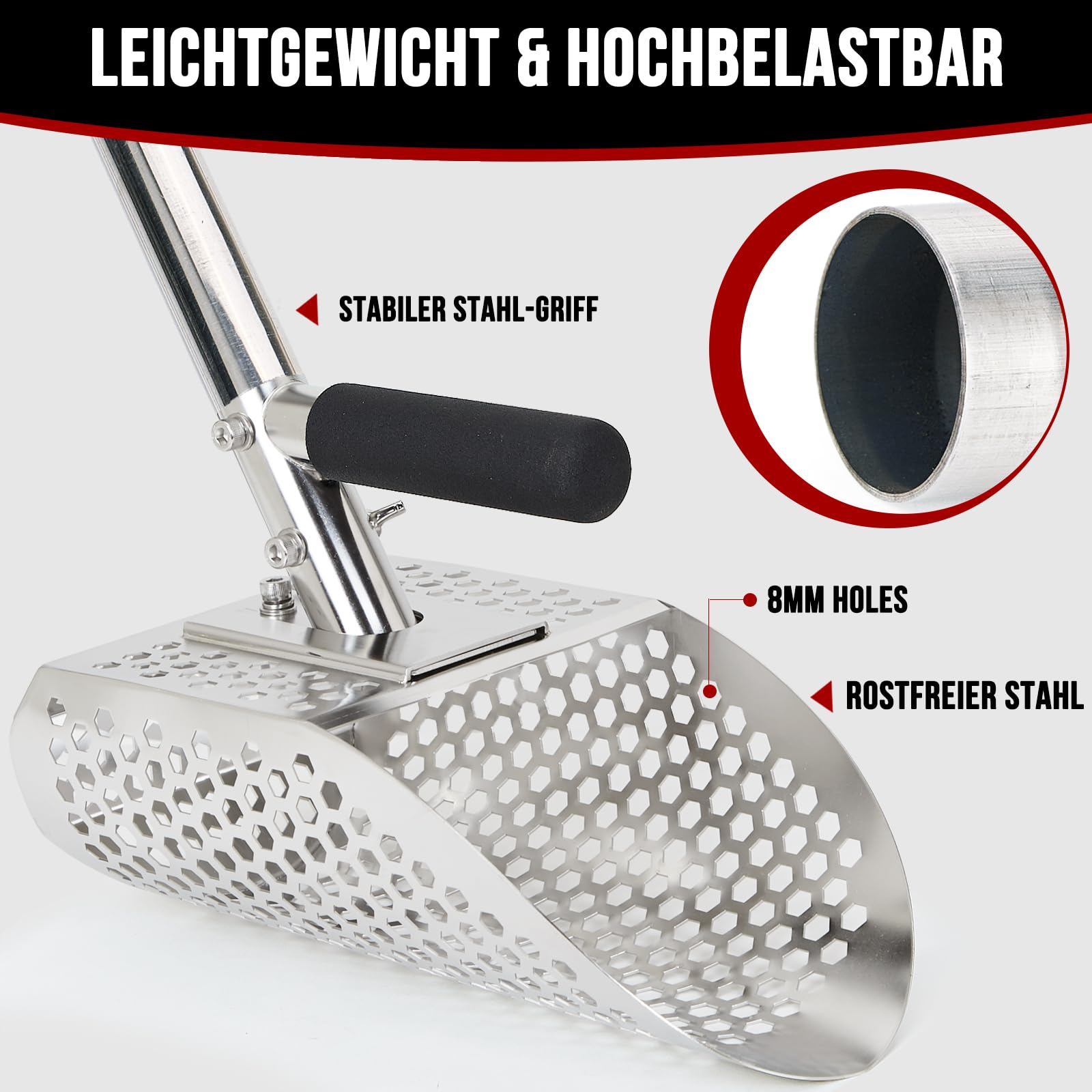 Sandschaufel für die Erkennung von Metallen, Edelstahl-Sandsieb-Schaufel mit langem Stahlgriff, Metalldetektor-Schaufel, Metalldetektor Zubehör (Schaufeln mit Edelstahlgriff)
