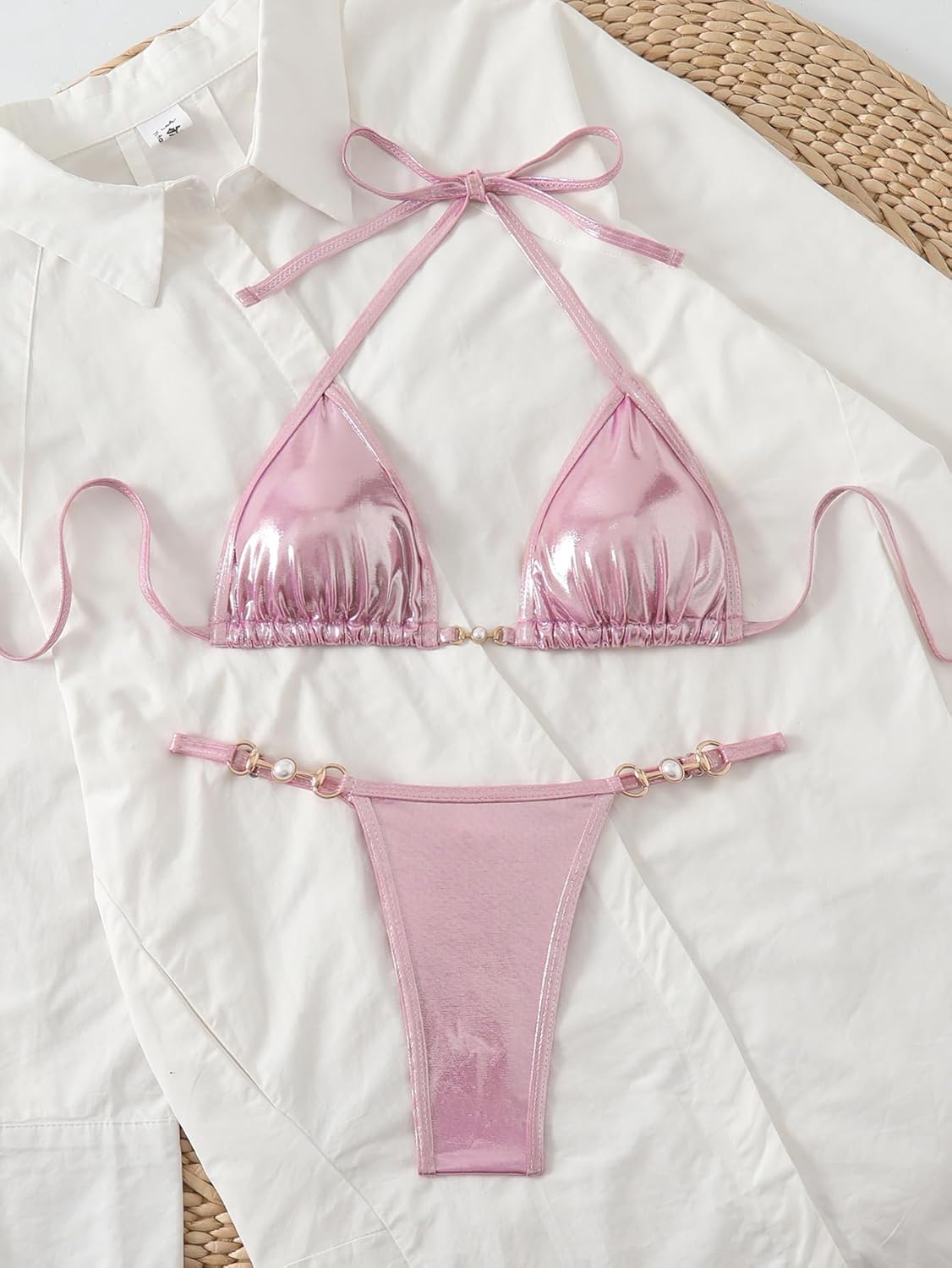 Women's Metallic Triangle Halter Bikini Sets Shiny Tie Back Pearl String Two Piece Swimsuit Bathing Suit Set - Image 3
