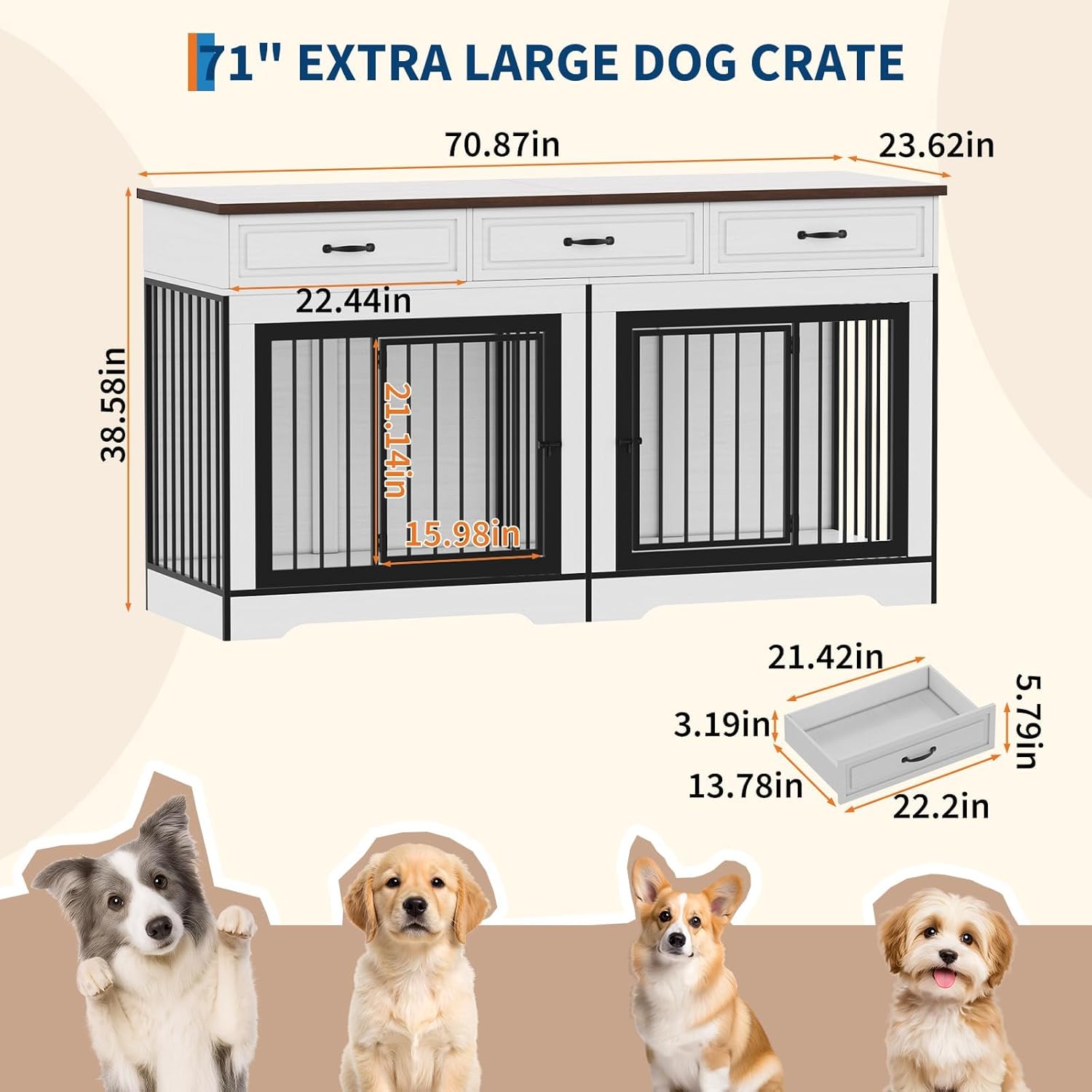XL Dog Crate Furniture for 2 Dogs, Heavy Duty Double Dog Crates with 3 Drawers for Medium/Large Dogs, Dog Kennel Furniture Indoor As TV Stand, Extra Large 70.9" L*23.6" W*38.58" H Washed White&Walnut