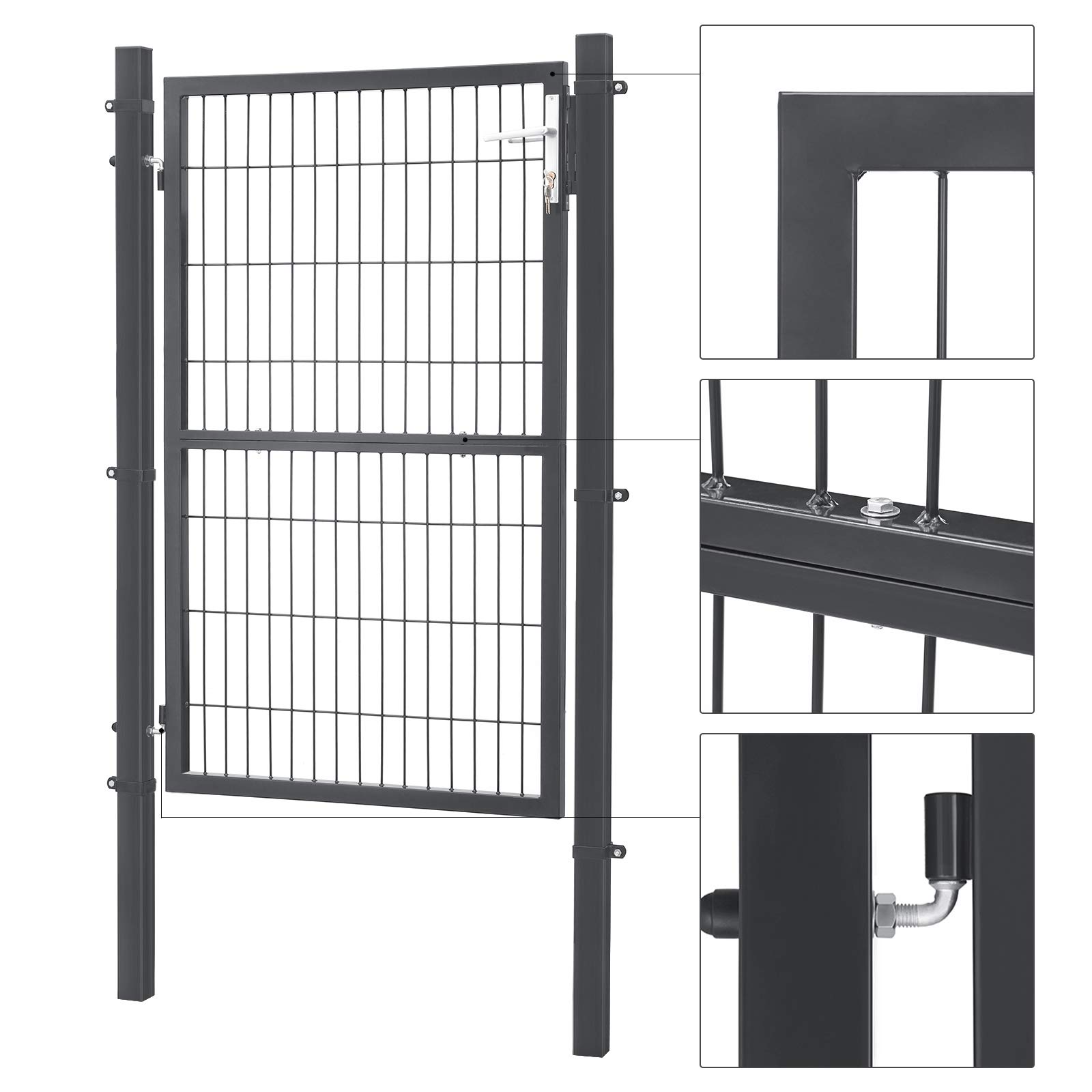 SONGMICS Portillon de Jardin Grillagé, en Acier Galvanisé, Clôture avec Serrure, Porte 106 x 150 cm (L x H), Tube Rond, Gris GGD200GY