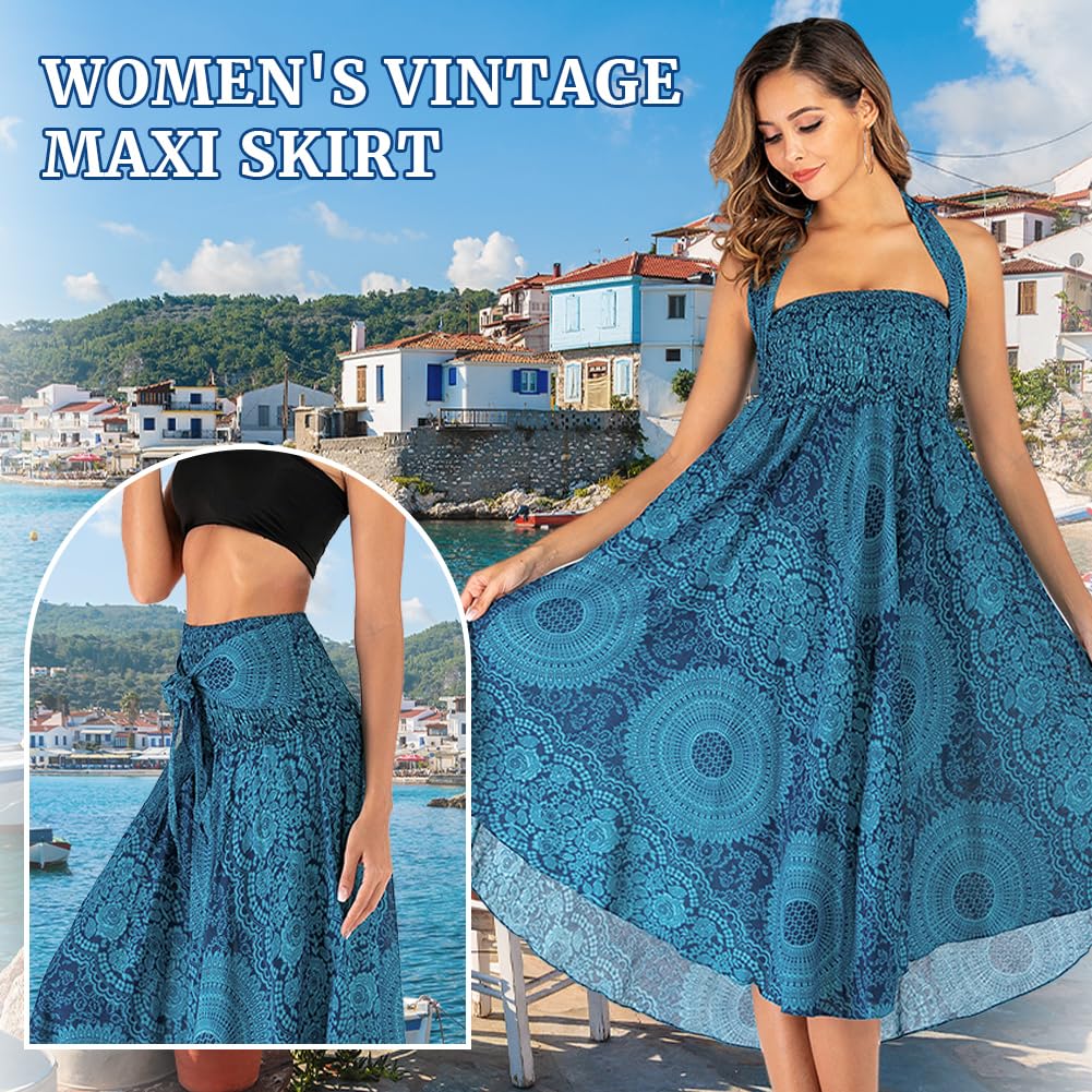 HAGOT Gonna Lunga Elegante 2 in 1 da Donna, Abito Vintage con Scollo all'Americana, Gonne Estive Boho