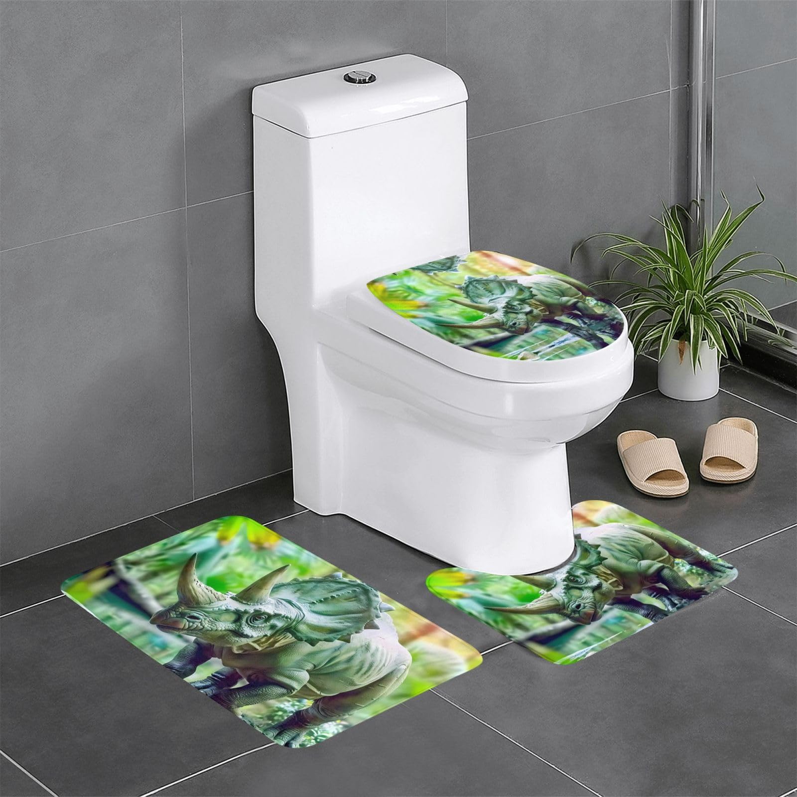 Tapis de salle de bain dinosaure antidérapant Bicorn avec ensemble contour WC et ovale