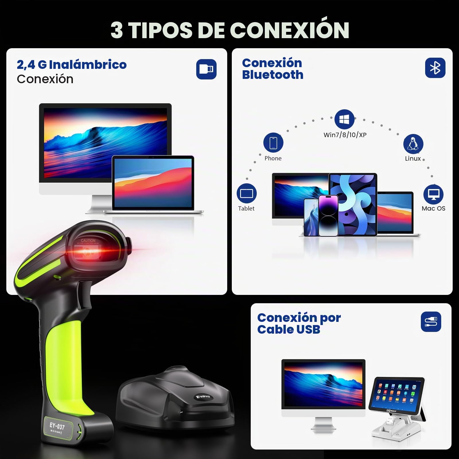Eyoyo 2D QR Industrial - Escáner de códigos de barras inalámbrico con soporte de carga inalámbrico, resistente, resistente al agua, IP65, lector de códigos de barras 3 en 1 con Bluetooth, inalámbrico