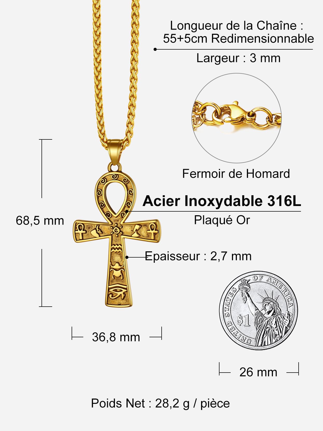Richsteel Pendentif Croix d'Ankh Égyptien Acier Inoxydable/Or/Noir avec Chaîne 55+5cm, Bijoux Africain Fantaisie Cadeau Original pour Femme Homme Ado Garçons