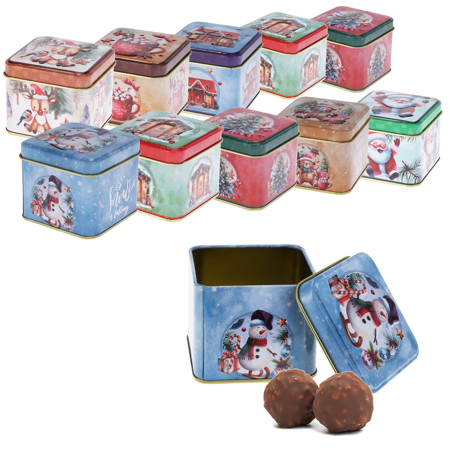 com-four® 12x scatola per biscotti, latta per natalizi, contenitore festivo con coperchio, dolci e regali [selezione variabile] (12 pezzi - colori assortiti)