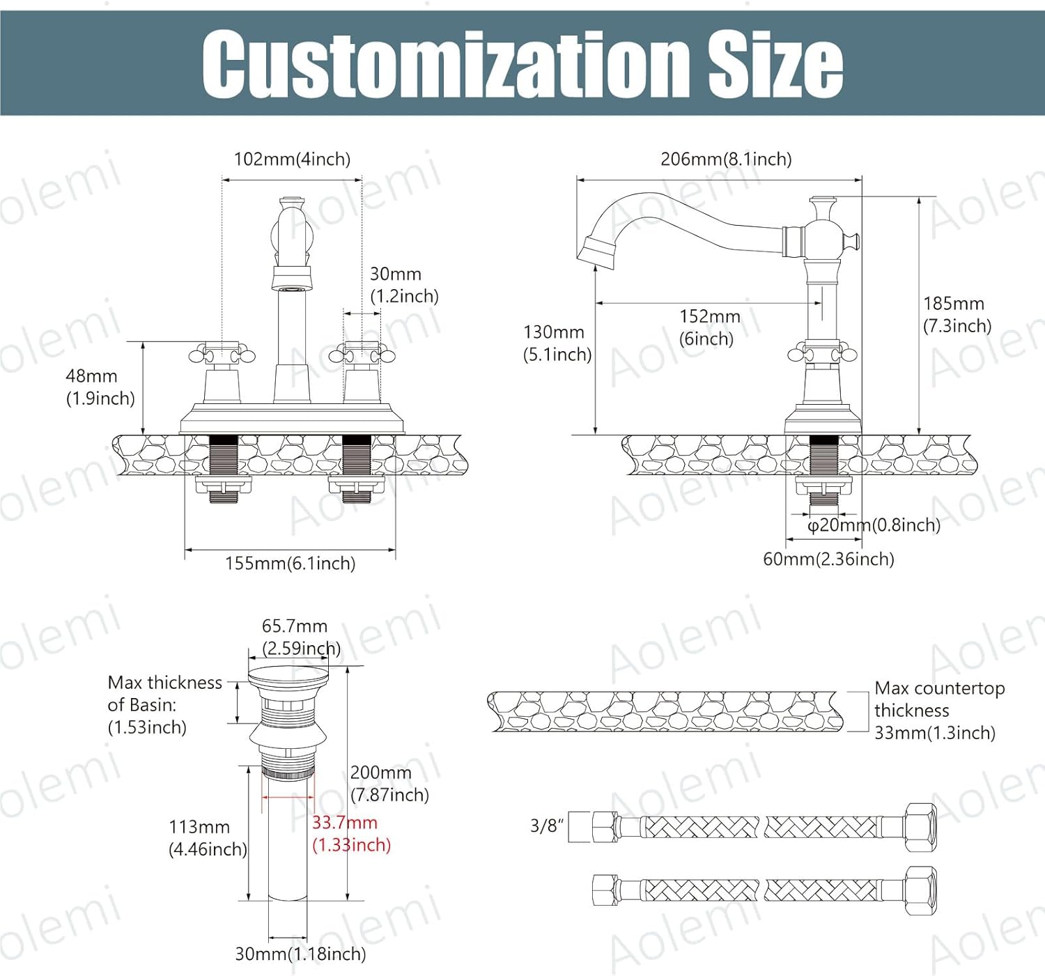 Aolemi 4 Inch Centerset Bathroom Sink Faucet Vintage 2 Cross Handles RV Mixer Tap Basin Vanity Lavatory Utility for Sink 3 Hole Include Water Hose Pop Up Drain with Metal Cover Antique Brass - Image 6