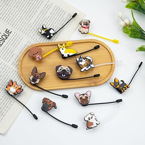 Miniatura 3 de Fantasyon Paquete de 12 fundas de popote reutilizables, para temática de perros, a prueba de polvo, para popote de 6 a 0.315 in, protector para el