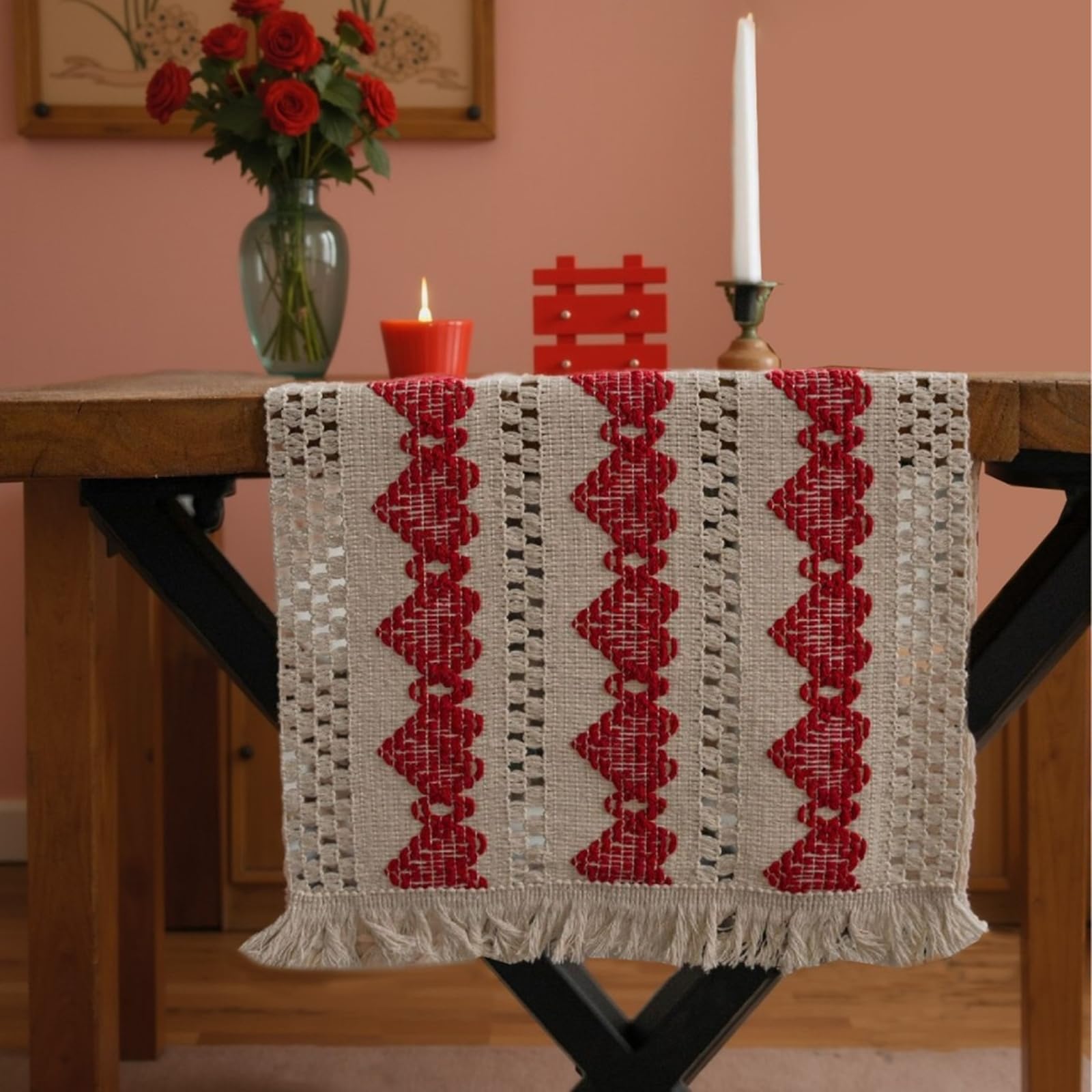 Tischläufer Baumwollleinen Wohnzimmer, Tischläufer Modern 30x275 cm, Gewebtes Rotes Herzmuster mit Quasten