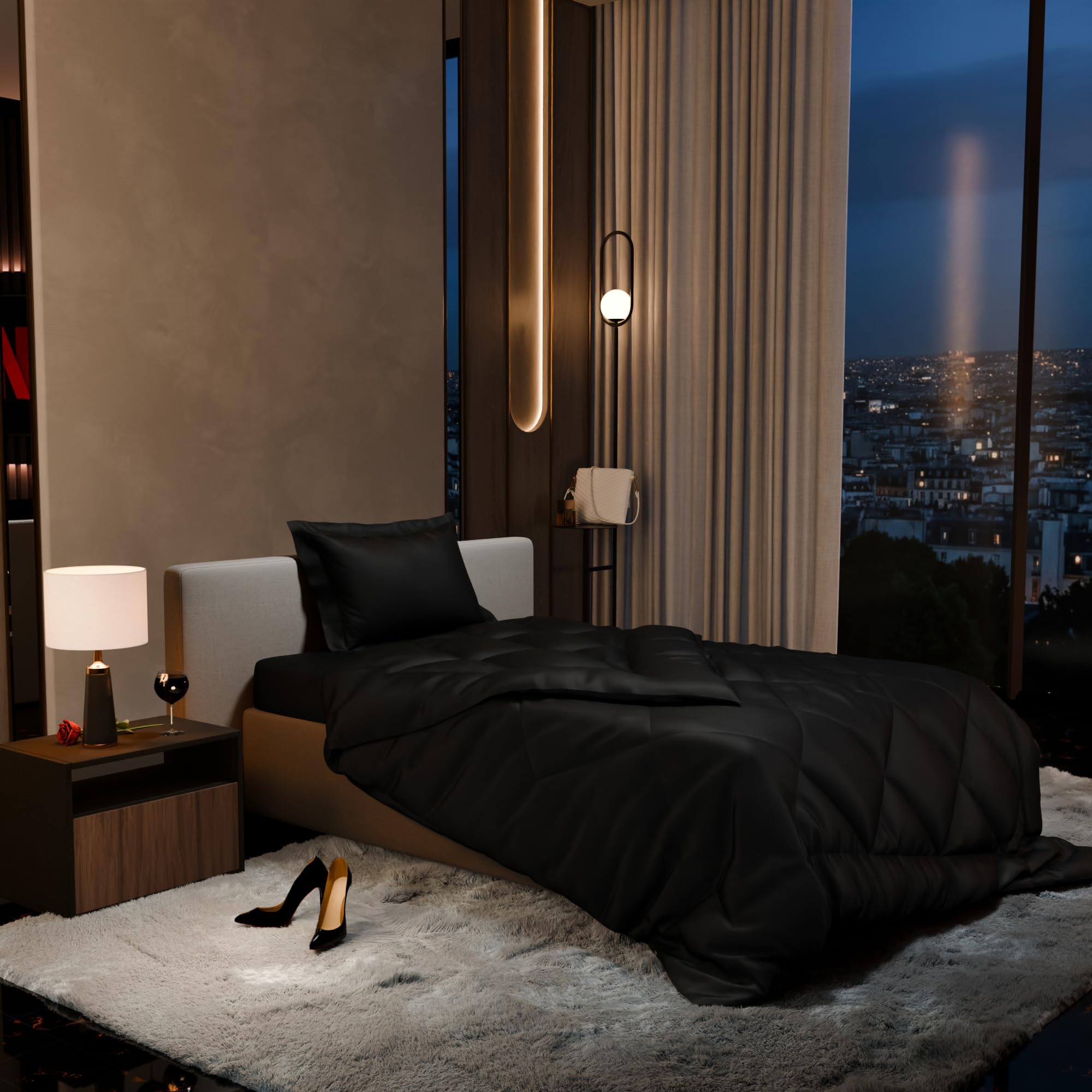 Stoa Paris 300 Tc Satin Comforter Set Single Bed with Satin Bedsheet & Pillow Covers, Complete Bedding Set, Ideal Gifts for Couples, Bedroom Home Furnishing, Date Night Collection - Midnight Black