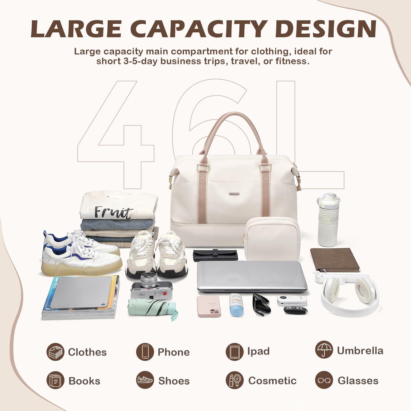 46L Reisetasche Damen, Groß Weekender Handgepäck Tasche mit Kosmetiktasche, Schuhfach & Nassfach, Kliniktasche, Trainingstasche, Sporttasche, für Flugzeug Reisen (Cremefarben)
