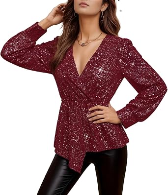 Womens Sparkly V Neck Long Sleeve Tops, Wrap Dressy Elegant Asymmetrical Hem Party Evening Casual Wear Shirts