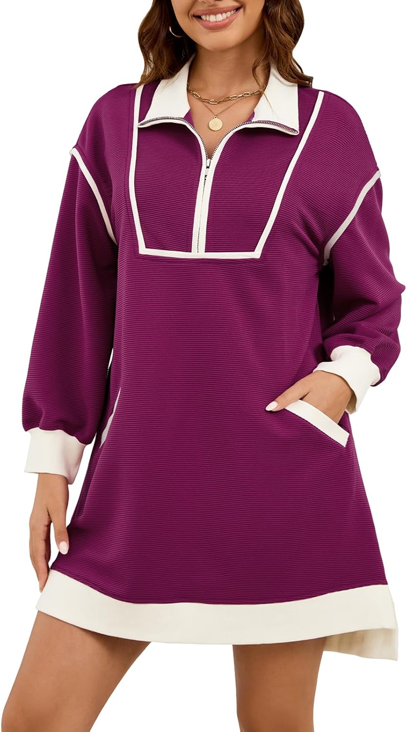 Womens Long Sleeve Sweatshirt Dress Oversized Half Zip Fall Loose Fit Casual Dress with Pockets - Image 6