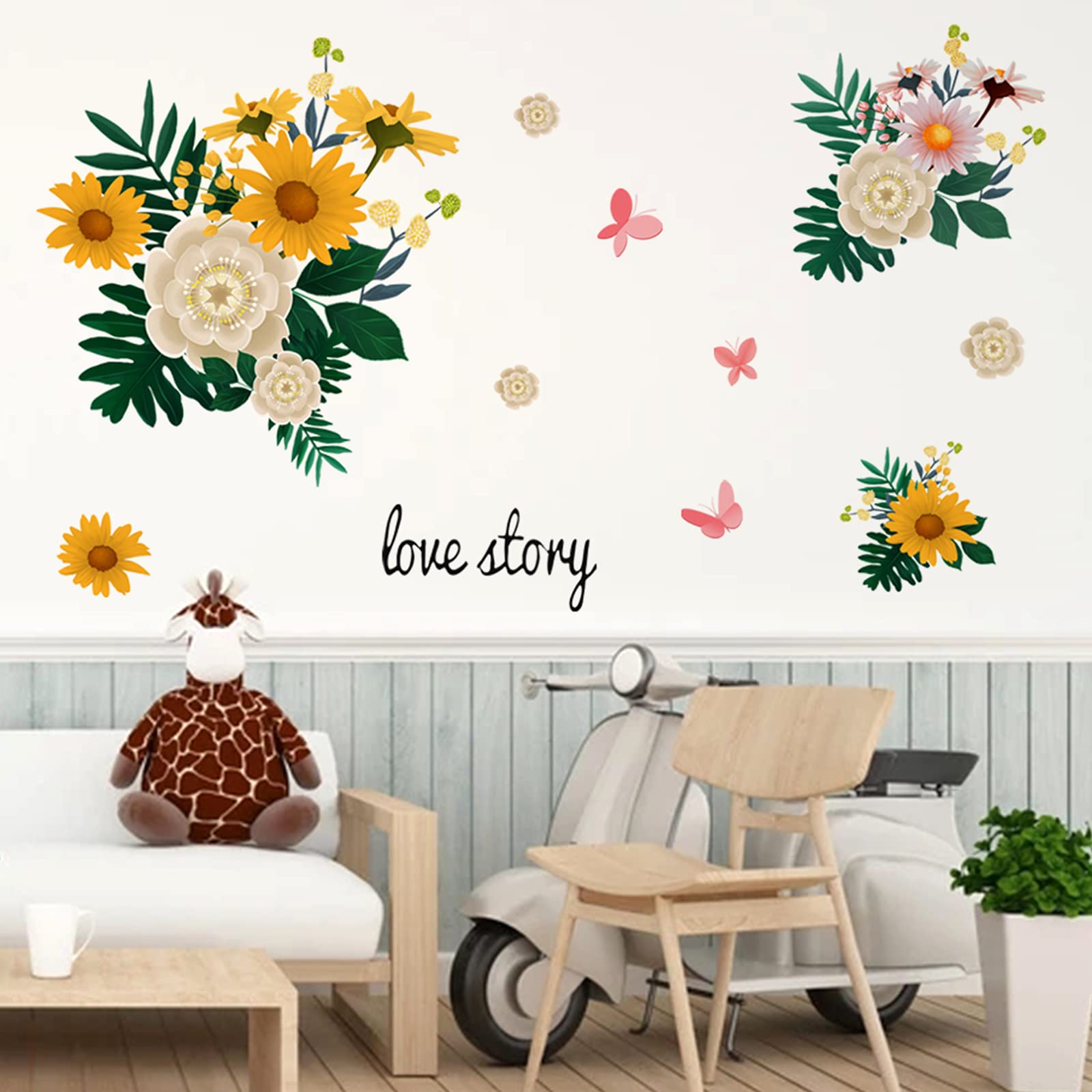 Colorful Flower Wall Decals, Yellow Daisy Floral Wall Stickers, Flower with Butterfly Green Leaves Wall Décor, Removable DIY Art Decor Murals Wallpaper Home Decoration for Bedroom, Nursery, TV Wall