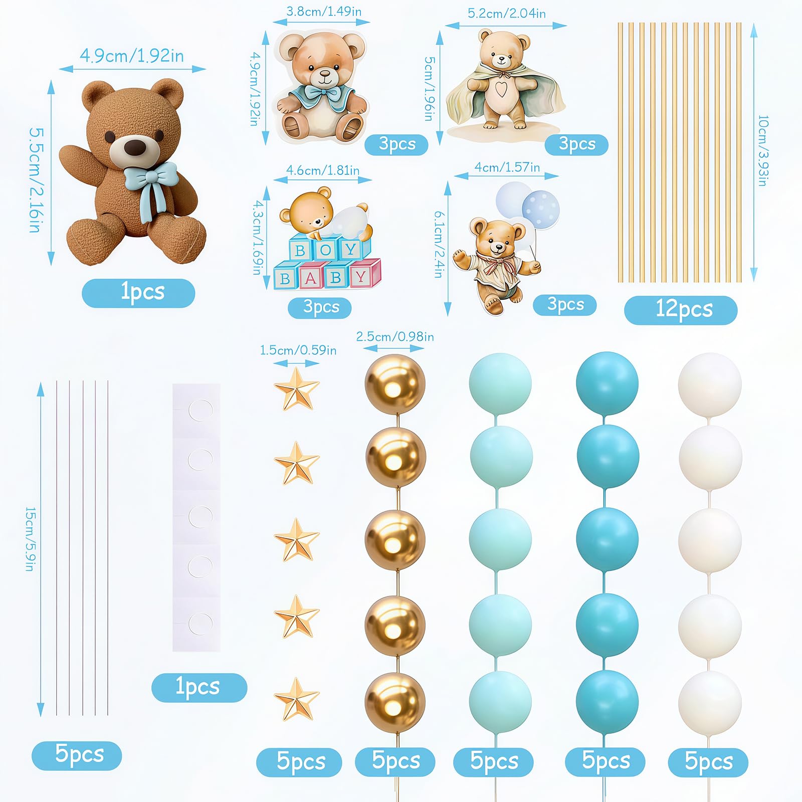Bear Cake Decoration, 38 pcs Beige Brown Balls Cake Decoration, Luxury Baby Shower, Topper Boho Cake - Image 2