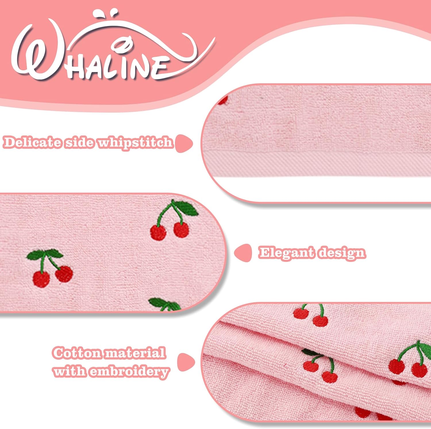 Whaline 3 Pcs Cherry Hand Towels Pink Bath Towel Embroidered Cotton Dish Towel for Kitchen Bathroom Bar Hand Drying Set, 29.5 x 13.7 Inch - Image 3