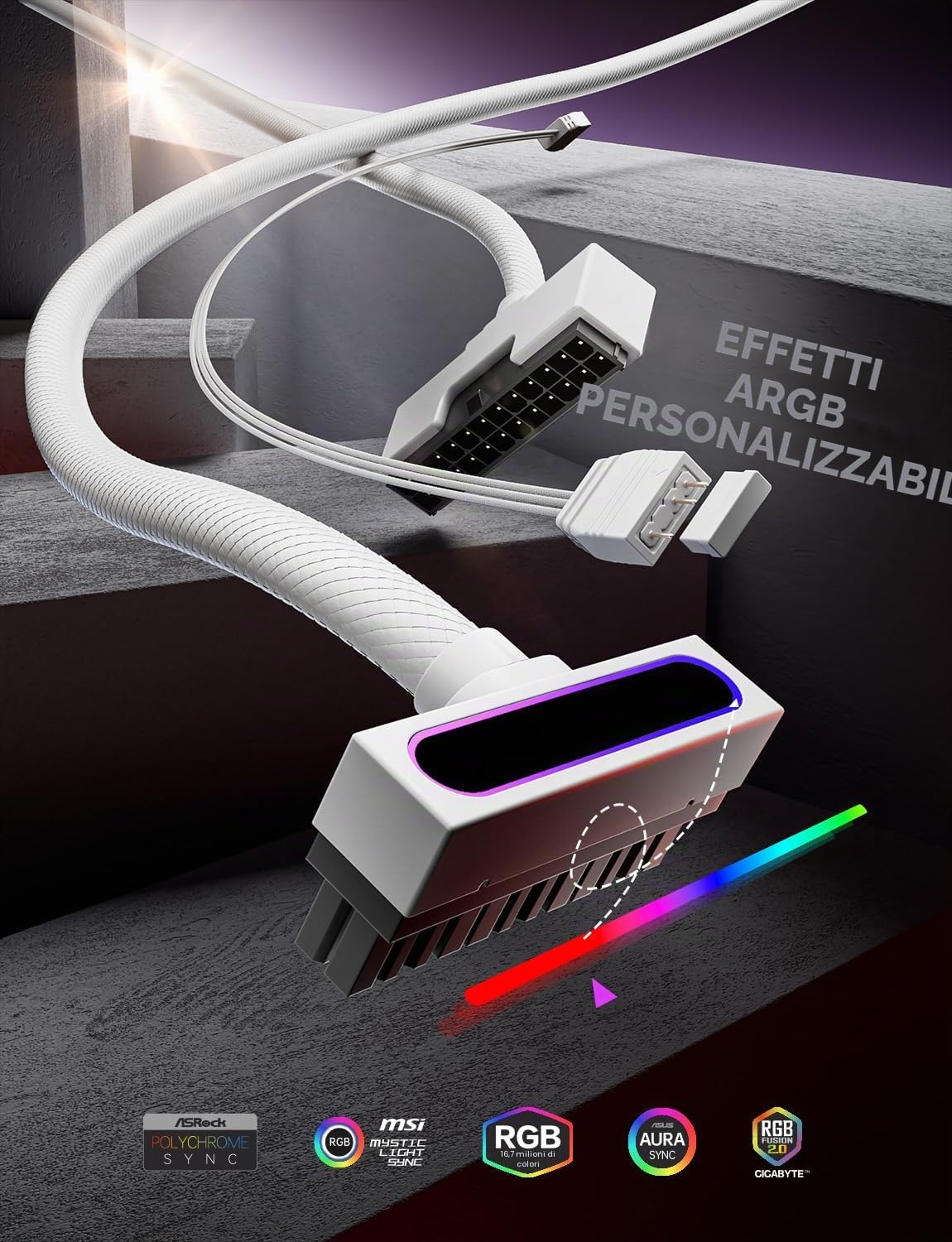AsiaHorse Hydrus 24-Pin ATX Cavo di prolunga, PSU Motherboard Power Cable, 18AWG Sleeved 5V 3-Pin ARGB Sync - Bianco