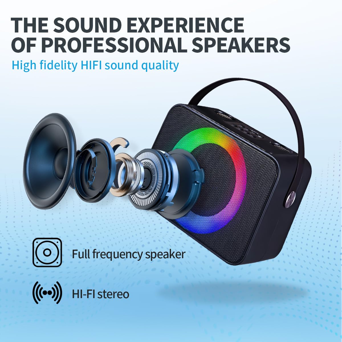 RGB Tragbarer Karaoke-Lautsprecher mit dualen drahtlosen Mikrofonen, USB/TF-Karte kompatibel, 10 W HD-Sound, tragbarer Tragegriff, großer Akku für Familientreffen/Karaoke/Outdoor-Aktivitäten (Schwarz)