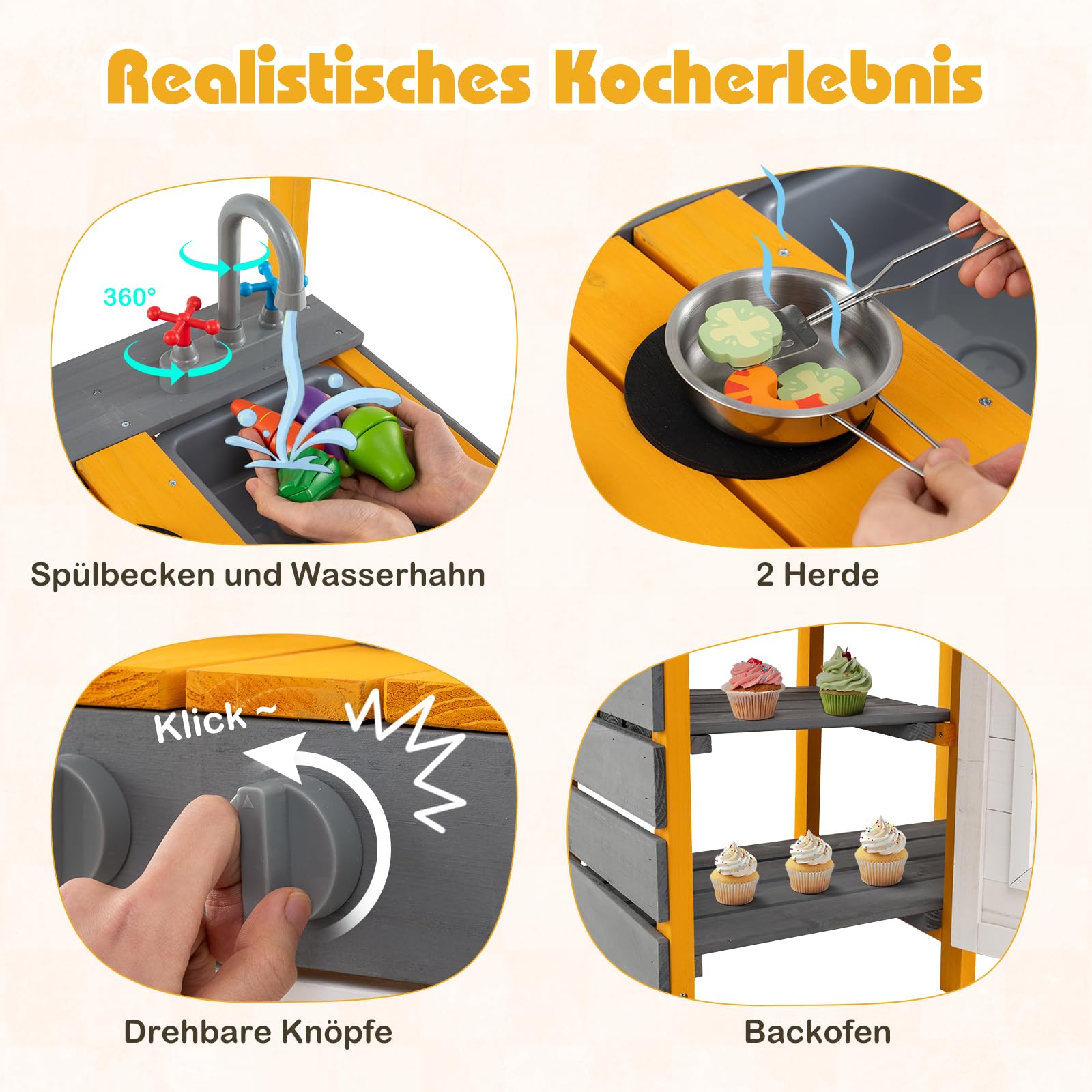 DREAMADE Spielküche aus Holz, Matschküche Outdoor mit Herd & Geräuschen, Kinderküche mit Spüle, Wasserhahn, Ofen & 7 Zubehör, Spielzeugküche für Kinder ab 3 Jahren