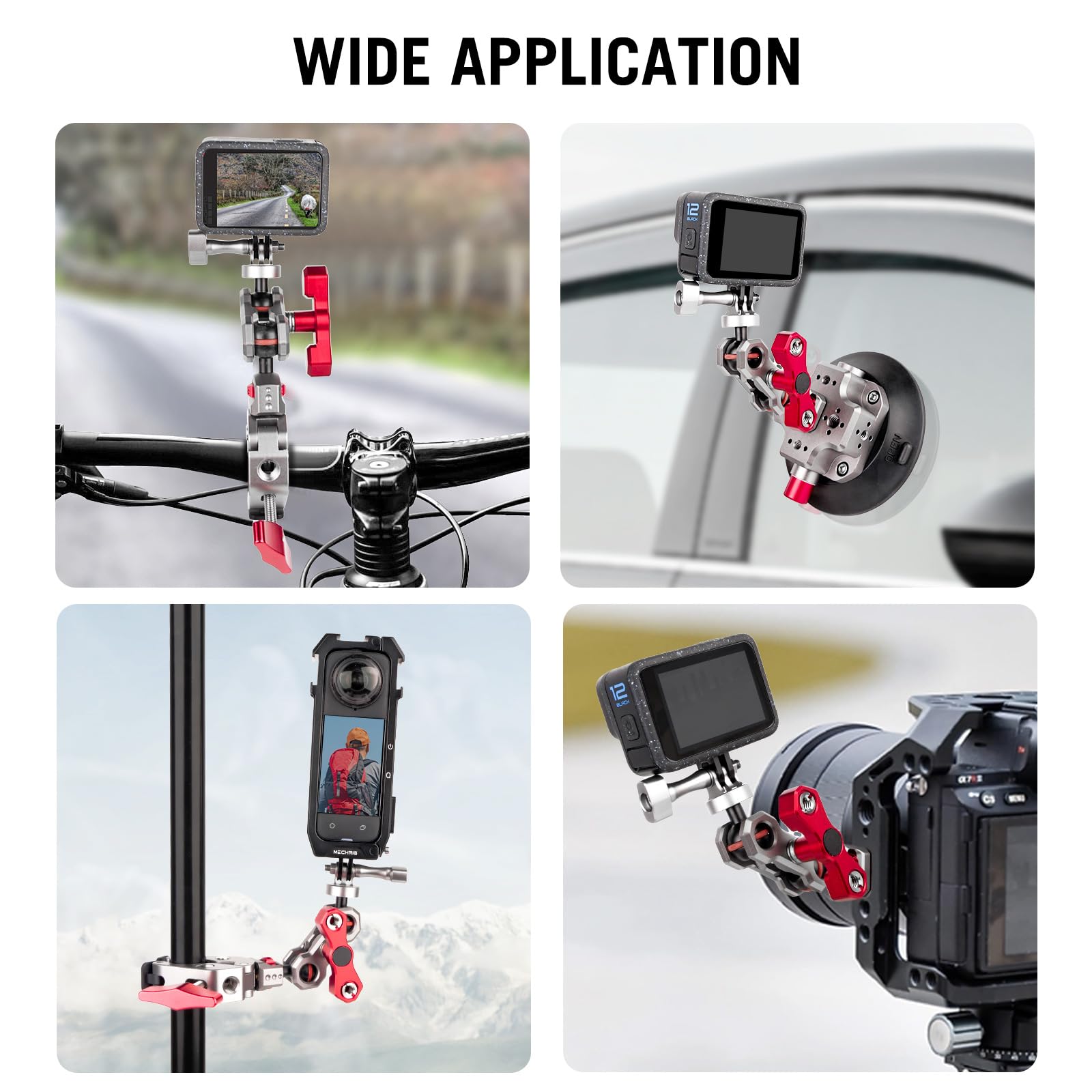 Came-TV - Braccio magico per action camera con doppia testa a sfera a 360° e perni antiscivolo, braccio articolato flessibile in alluminio compatibile con Go Pro, supporto per moto, bici, finestrino