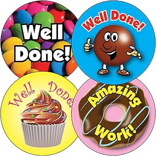100 Scented Chocolate Mixed Great Well Done Amazing Work Sweets Motivational School Praise Teachers Reward Stickers 32mm Primary Teaching Services