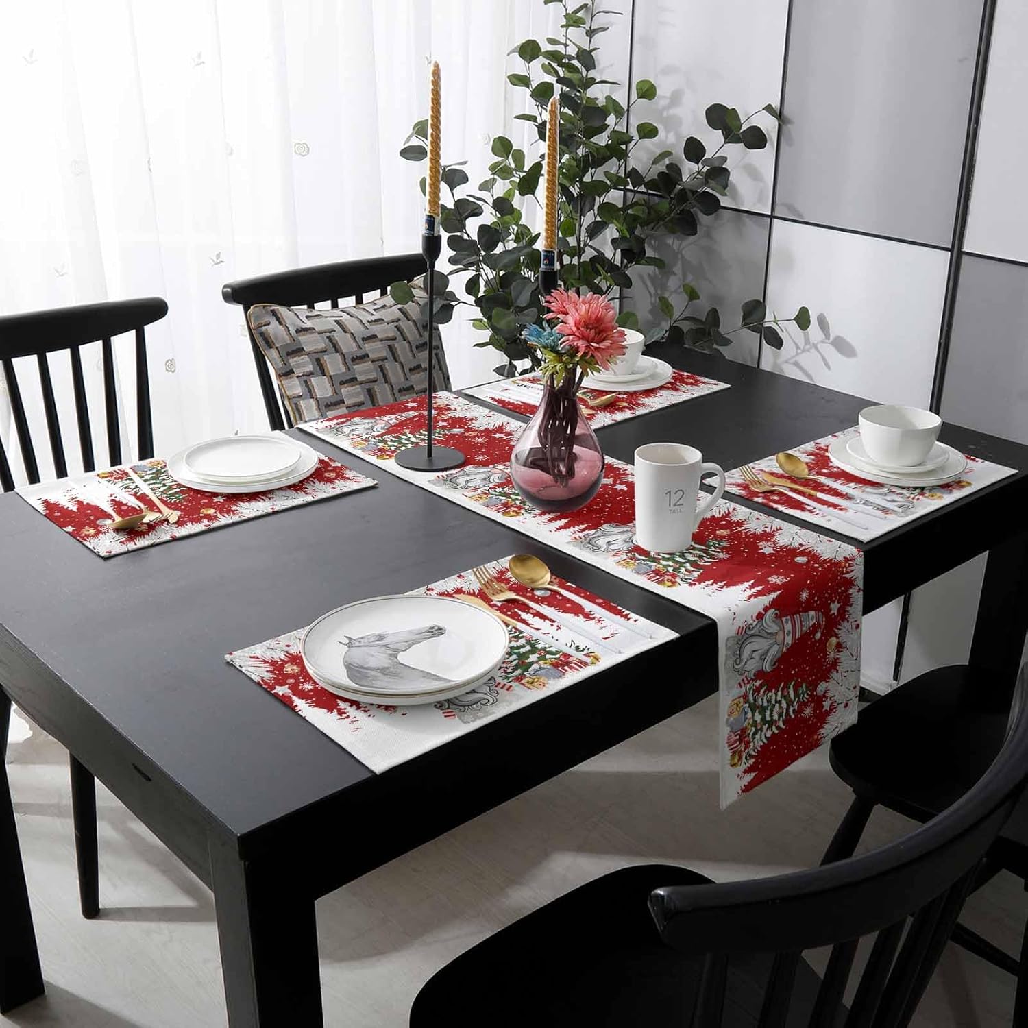 Christmas Table Runner with Placemats Set of 4, Cotton Linen Kitchen Dining Mats Long Table Cover 13"x90" Winter Silver Leaf Xmas Ball Snow Gnomes Table Mats Set for Living Room/Dresser/Dining