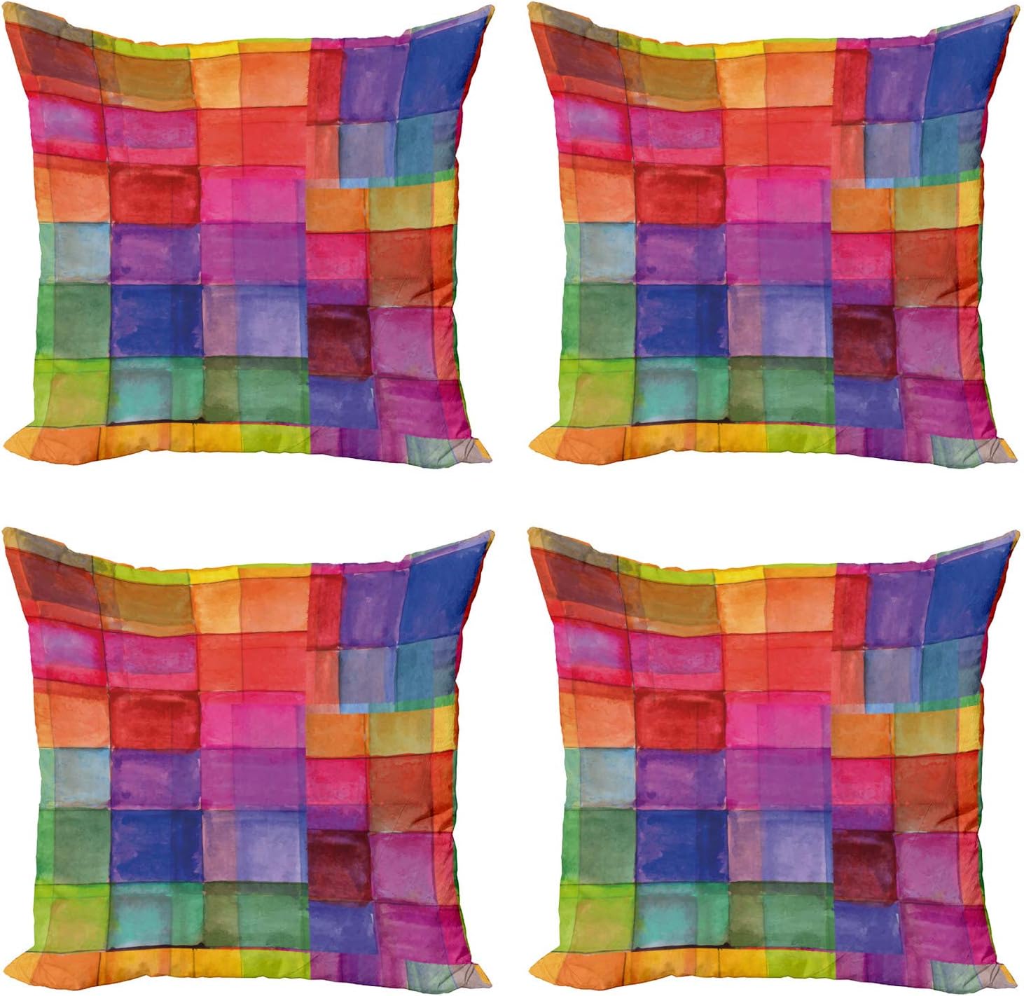 Ambesonne Abstract Throw Pillow Cushion Case Pack of 4, Rainbow Colored Geometric Square Shaped Blurry Effects Watercolor Design, Modern Accent Double-Sided Digital Printing, 16", Multicolor