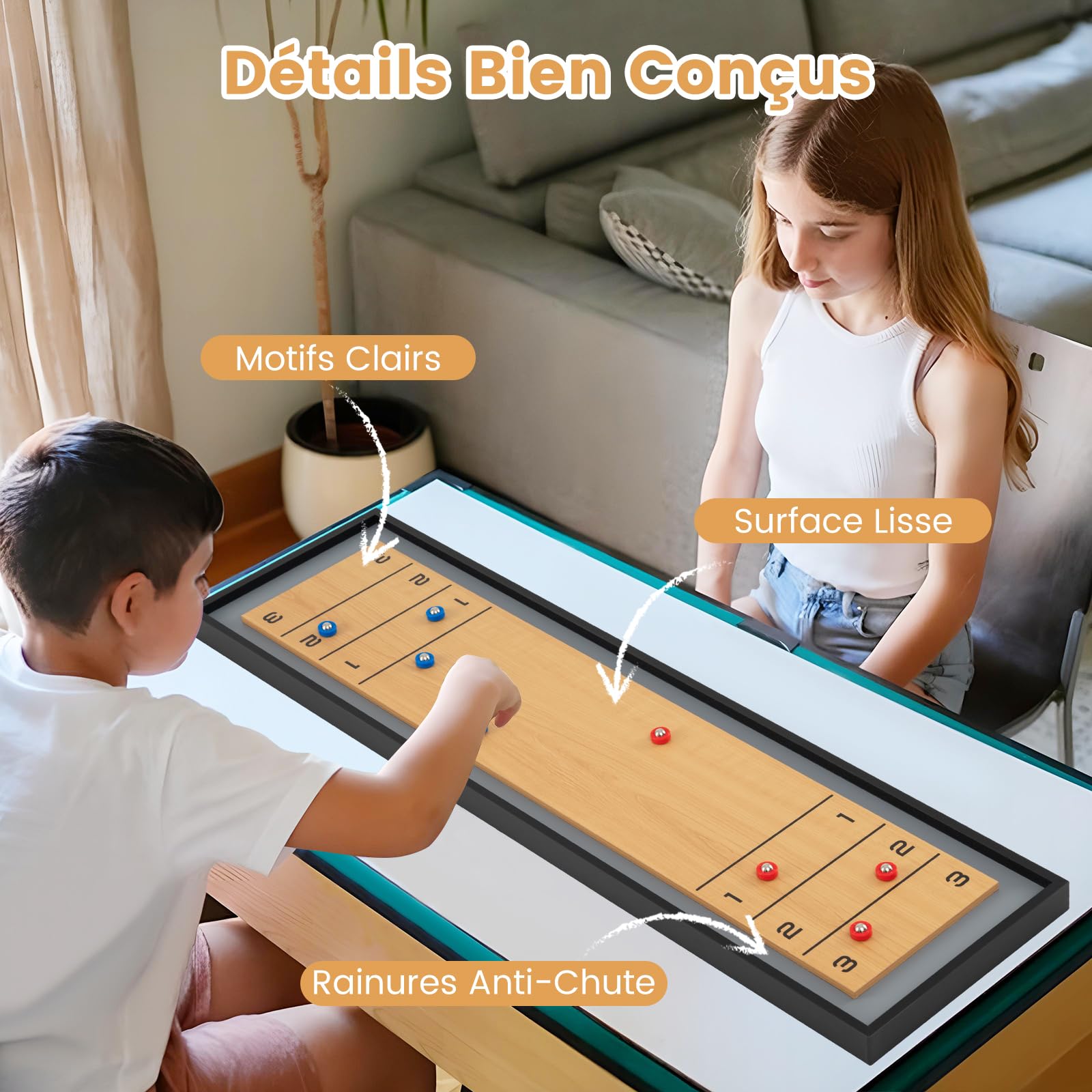 COSTWAY 2 en 1 Jeu de Shuffleboard et Curling Portable avec 8 Palets Roulants, Jeu de Palets Double Face pour Adultes Enfants pour Fête Bar Salle de Jeux, 114x32 cm