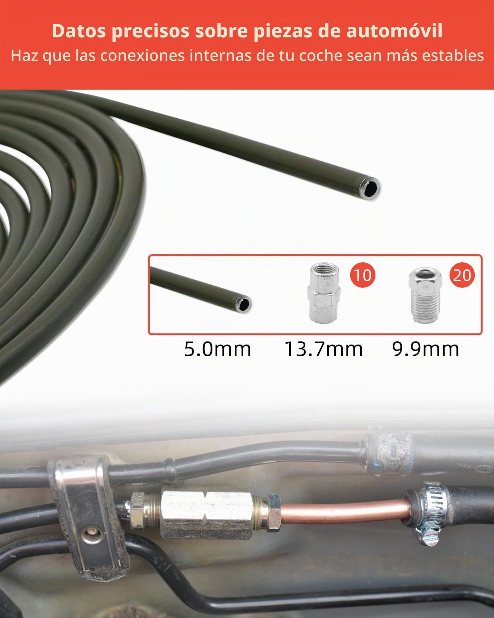 Kit de abocardador para línea de freno - 10m acero Ø 3/16" con 20 conexiones roscadas + 10 conectores M10, doble y simple para sistemas de frenos hidráulicos de automóviles