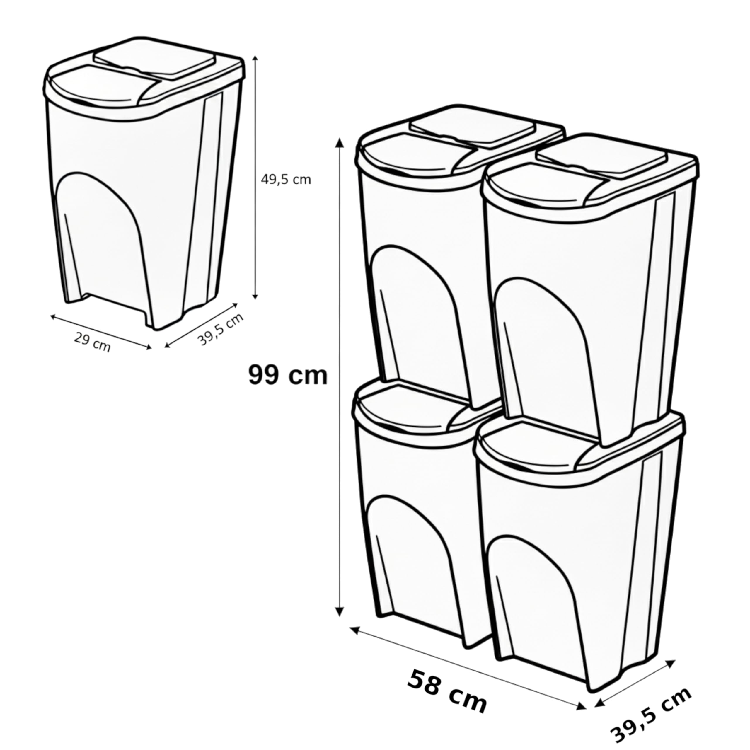 botle Mülleimer- 4er Set Mülltrennungssystem - Set aus 4x35L Abfalleimern in Grau Farbe zum Stapeln Kompakt Biomülleimer modulare und Licht Einfache Sortierung des Hausmülls Kunststoff