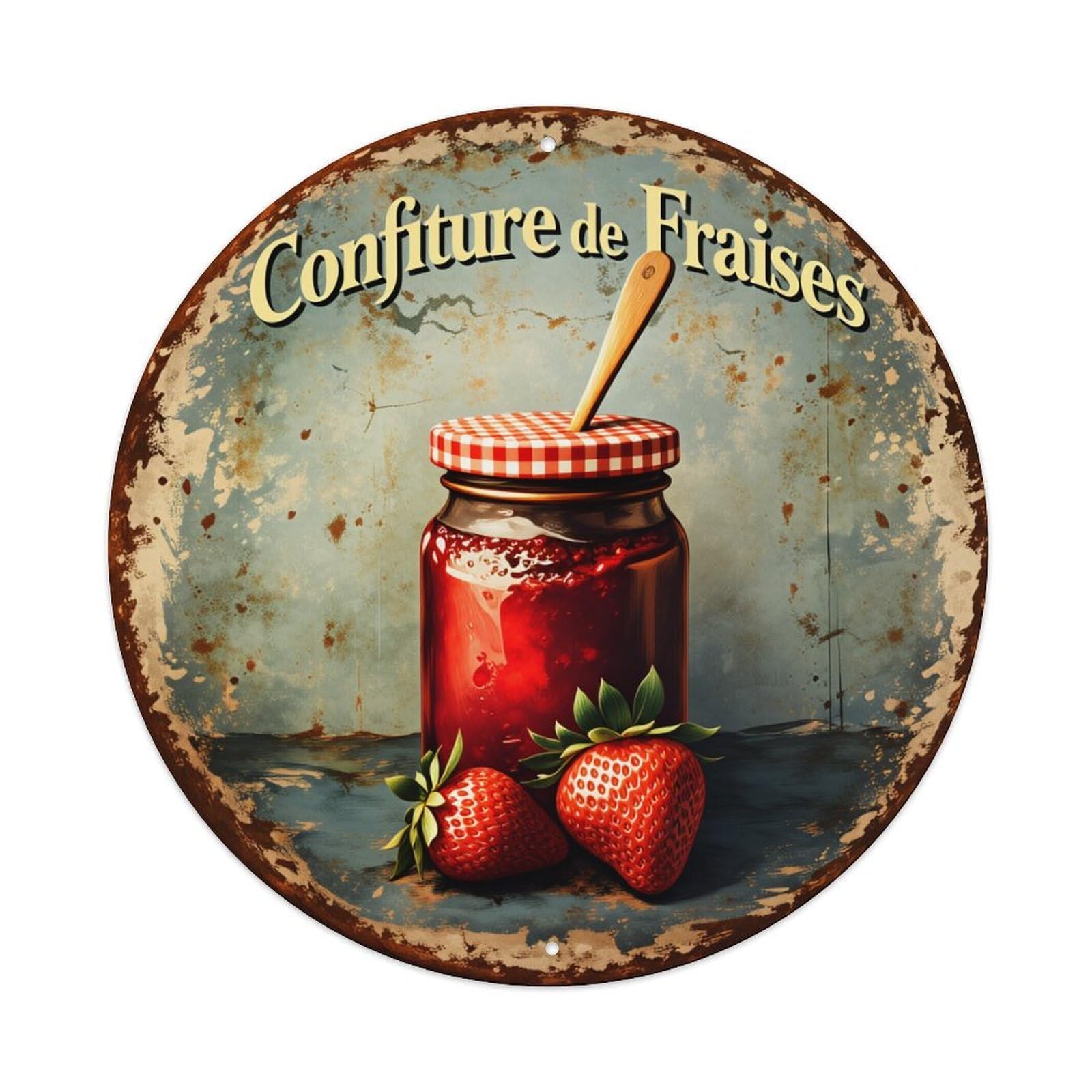 Strawberry Jam Jar With Spoon Vintage Metal Tin Sign Retro Wall Decor for Home Bar Garage Cafe, Indoor & Outdoor Decorative，circle Metal Poster, 8x8 Inch