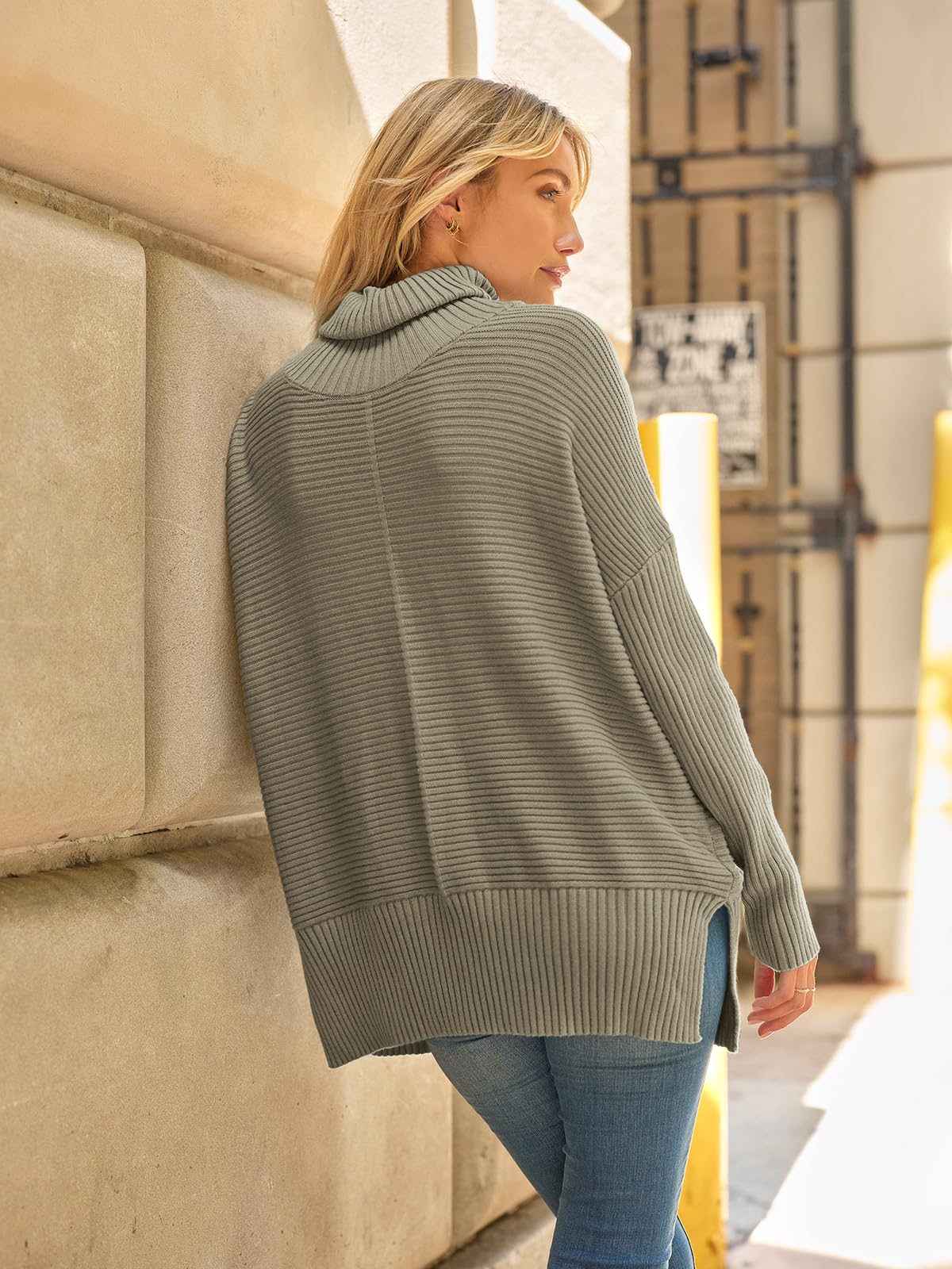 LILLUSORY Women's Oversized Turtleneck Sweaters Fall Batwing Sleeve Ribbed Tunic Sweater: Small Apricot