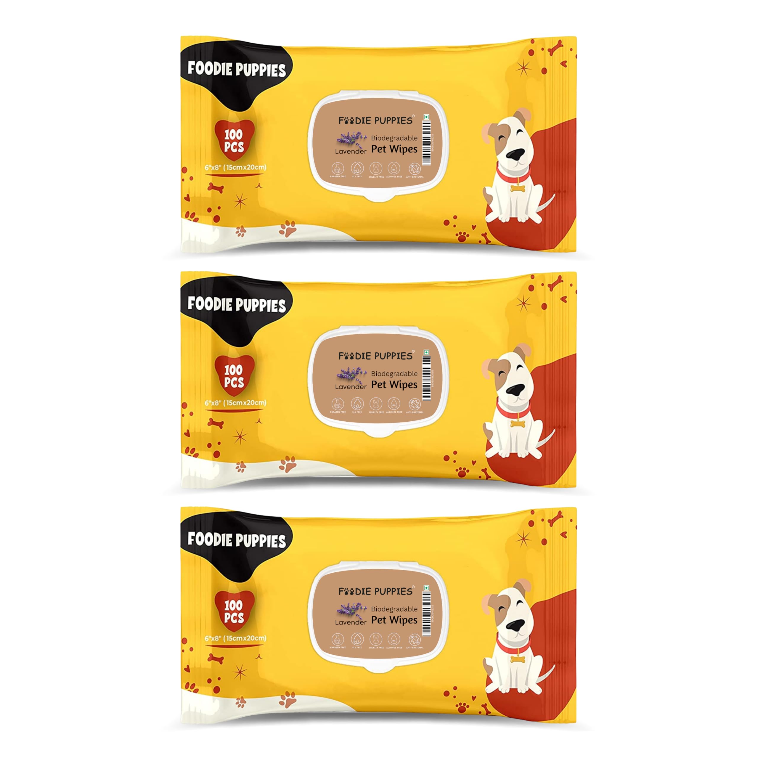Foodie Puppies Biodegradable Pet 300 Wet Wipes with Lavender Scent for Dogs, Cats, Rabbit & Small Animals - (100 Pulls x 3Pack) | Anti-Bacterial Grooming Wipes for Cleaning, Moisturizing & Daily Care