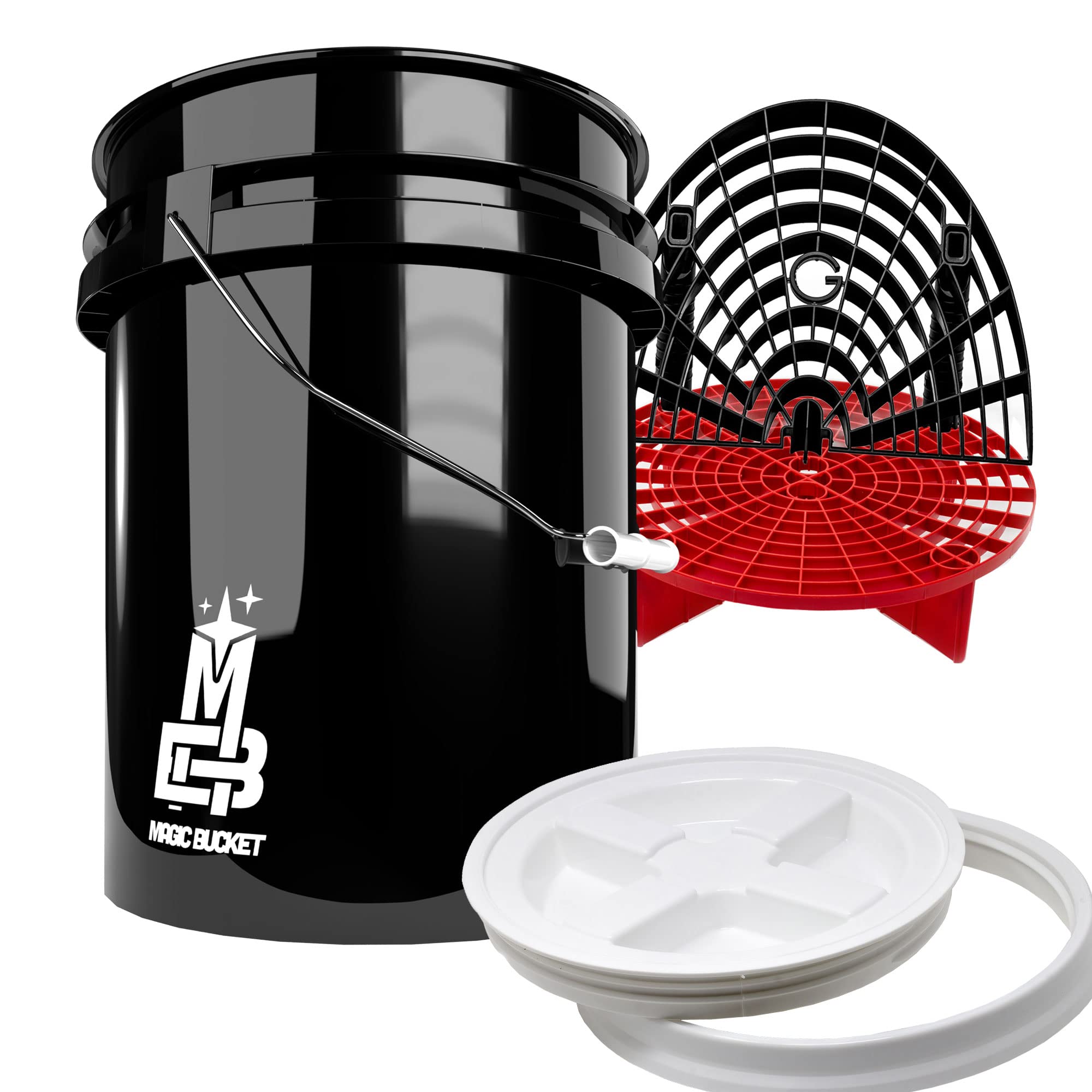 Detailmate professionelles Wasch Eimer Set: Magic Bucket Wascheimer 5 GAL (ca. 20 Liter), Gamma Seal Eimerdeckel weiß, GritGuard Schmutz Einsatz rot, GritGuard Washboard schwarz